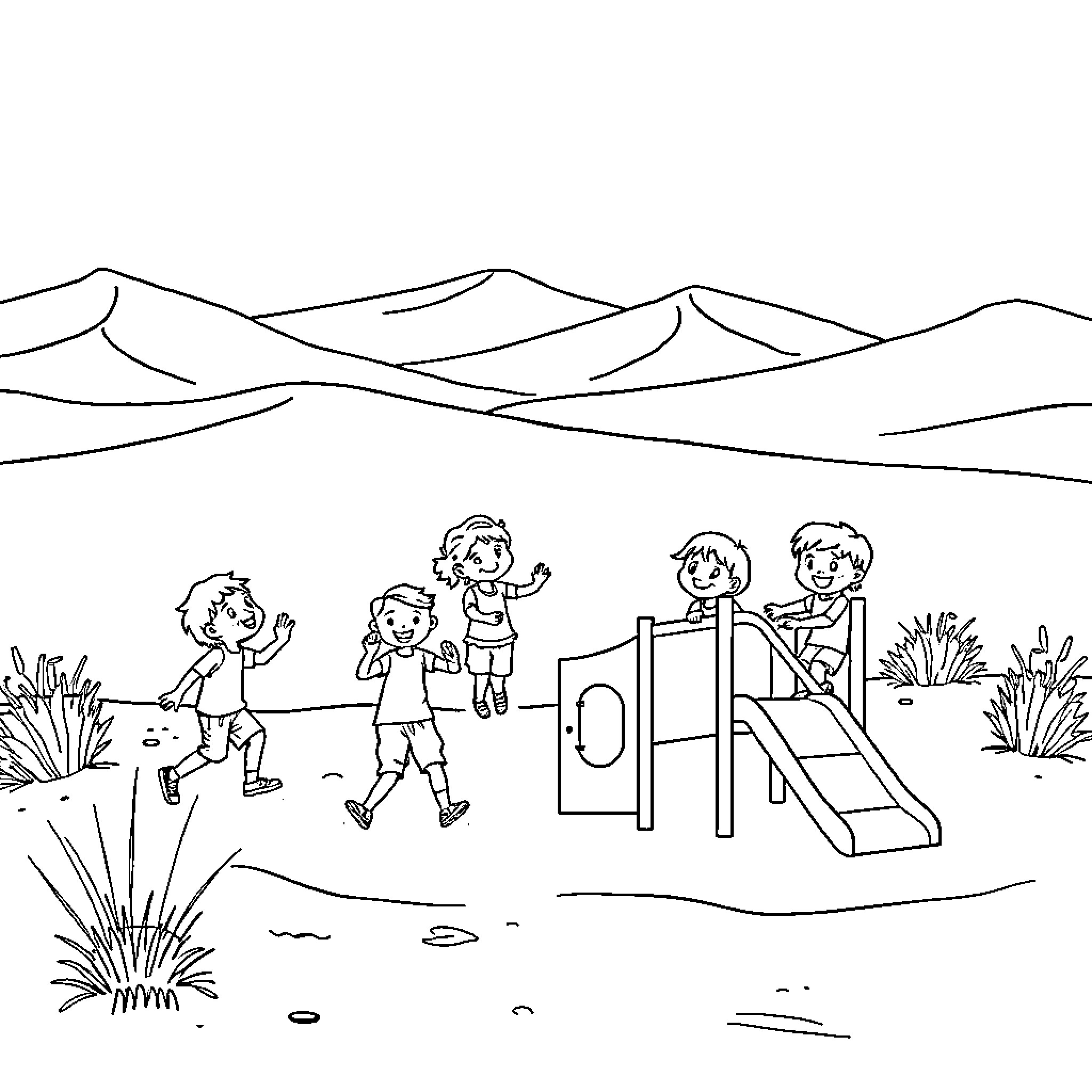 Kids playing on the playground in the mountains Coloring Page (free black-and-white line drawing printable PDF for all, from beginners to advanced learners, including children, teens, adults, and seniors)