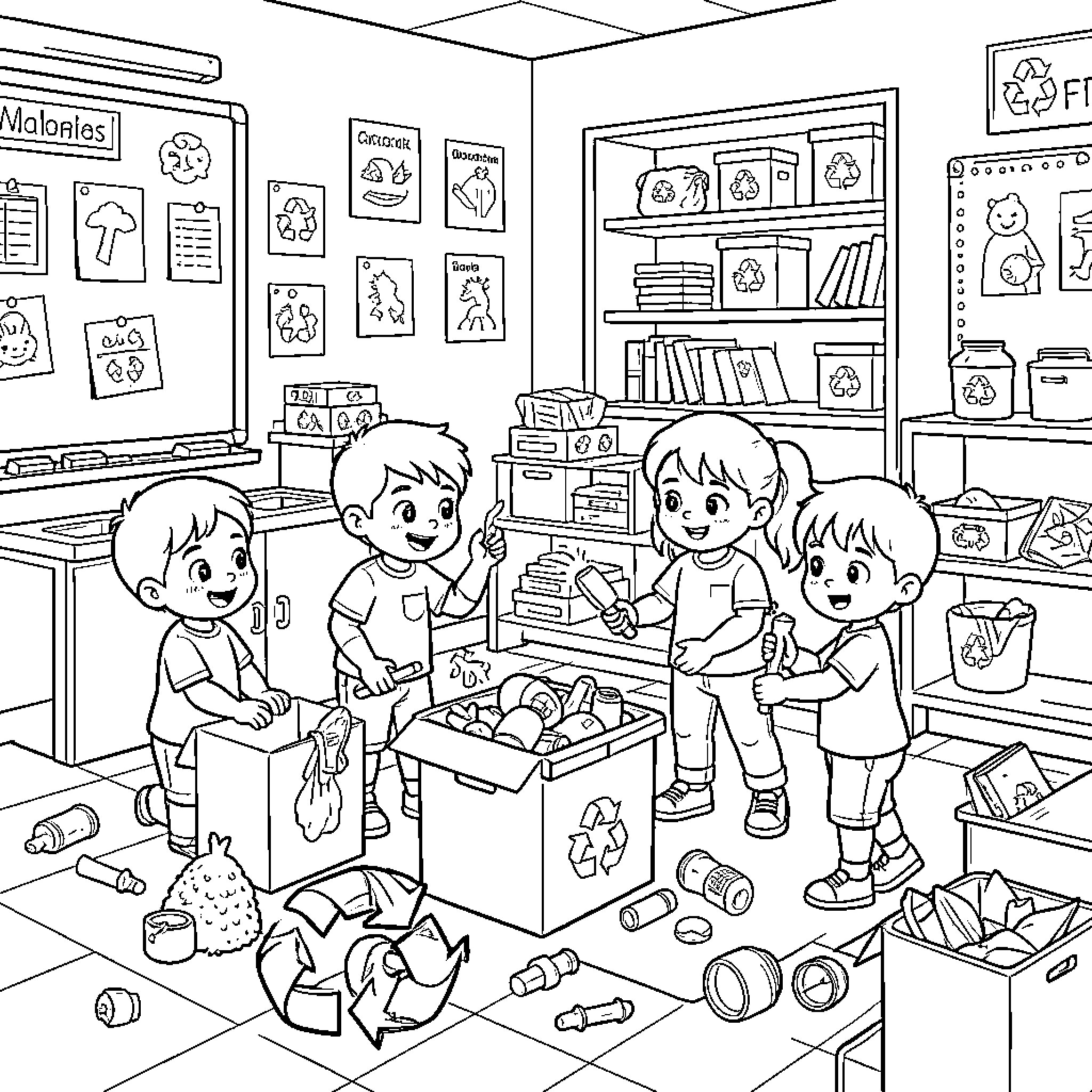 Recycling activities with happy children in a classroom Coloring Page (free black-and-white line drawing printable PDF for all, from beginners to advanced learners, including children, teens, adults, and seniors)
