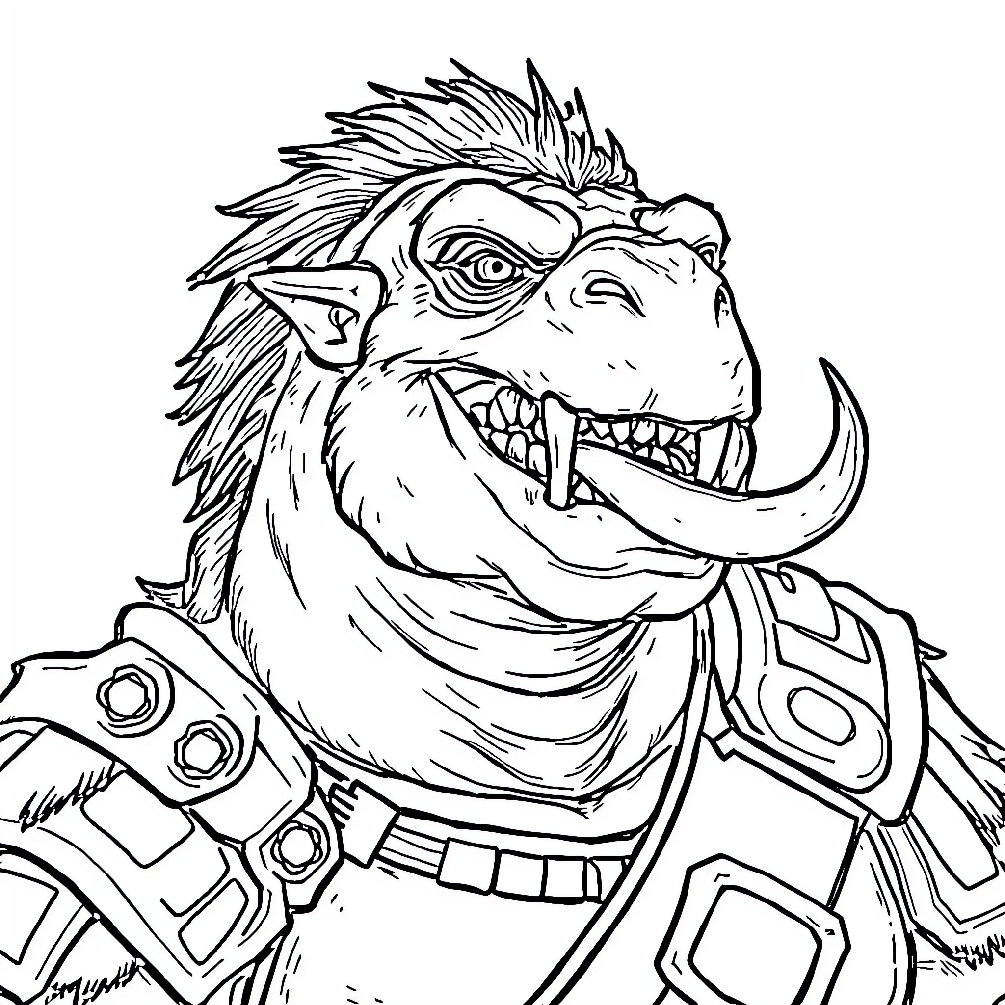 Gamorrean guard in fierce battle stance Coloring Page (free black-and-white line drawing printable PDF for all, from beginners to advanced learners, including children, teens, adults, and seniors)