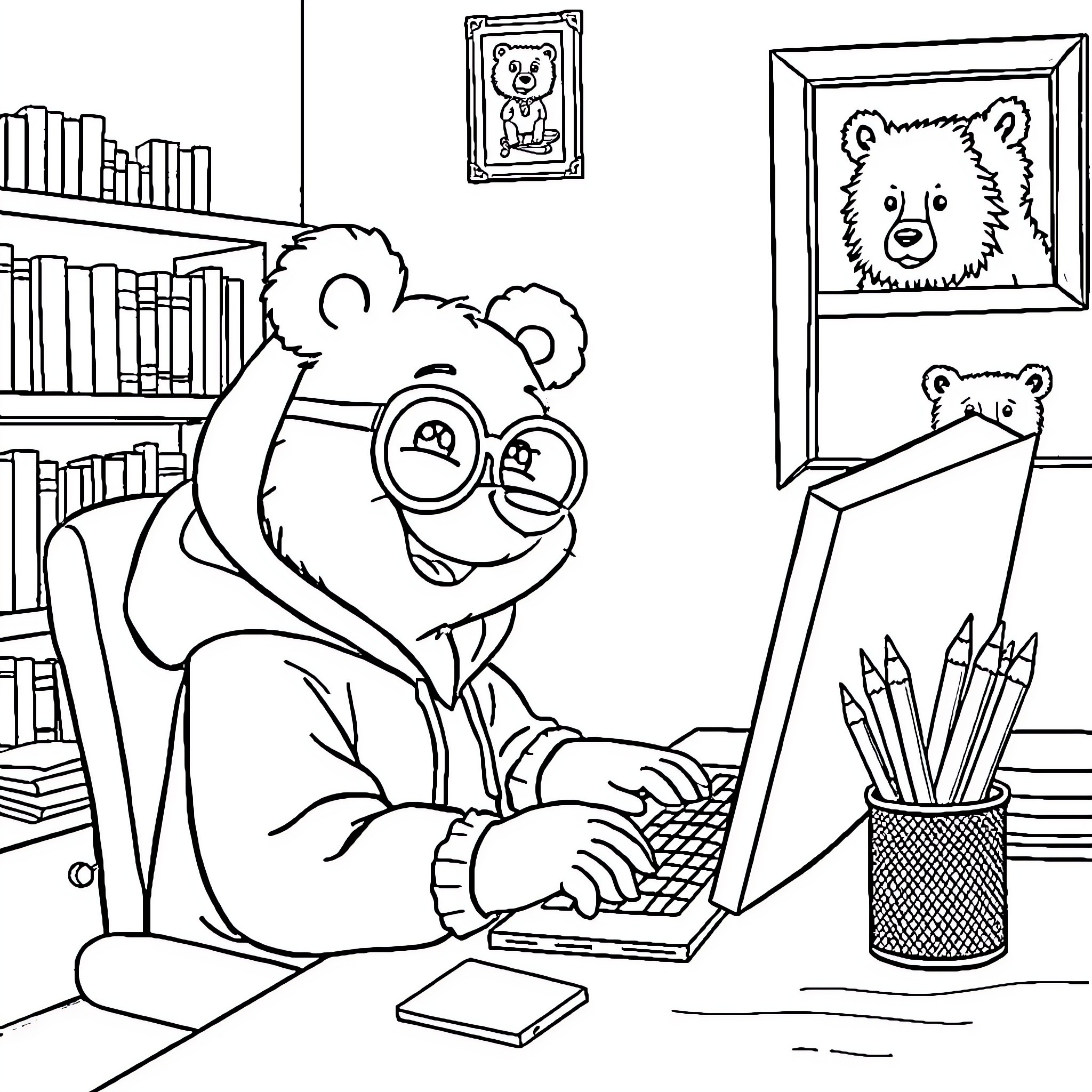 Bear Studying Diligently in Home Office Coloring Page (free black-and-white line drawing printable PDF for all, from beginners to advanced learners, including children, teens, adults, and seniors)