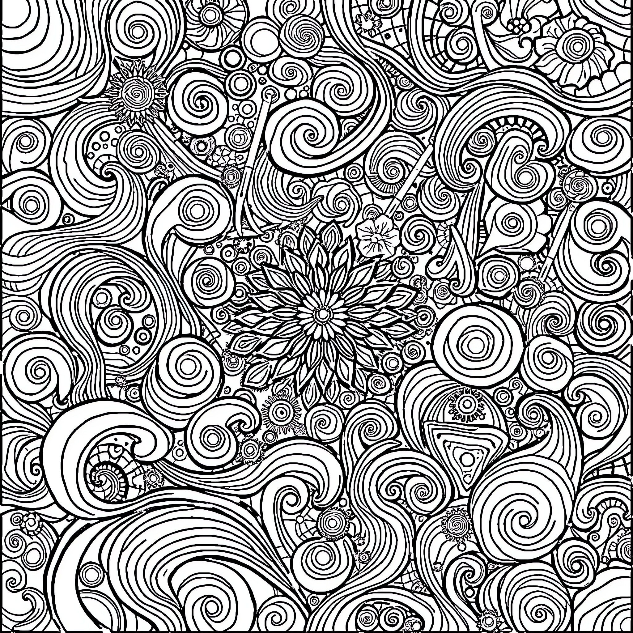 Mosaic of Intricate Floral and Swirling Patterns Coloring Page (free black-and-white line drawing printable PDF for all, from beginners to advanced learners, including children, teens, adults, and seniors)