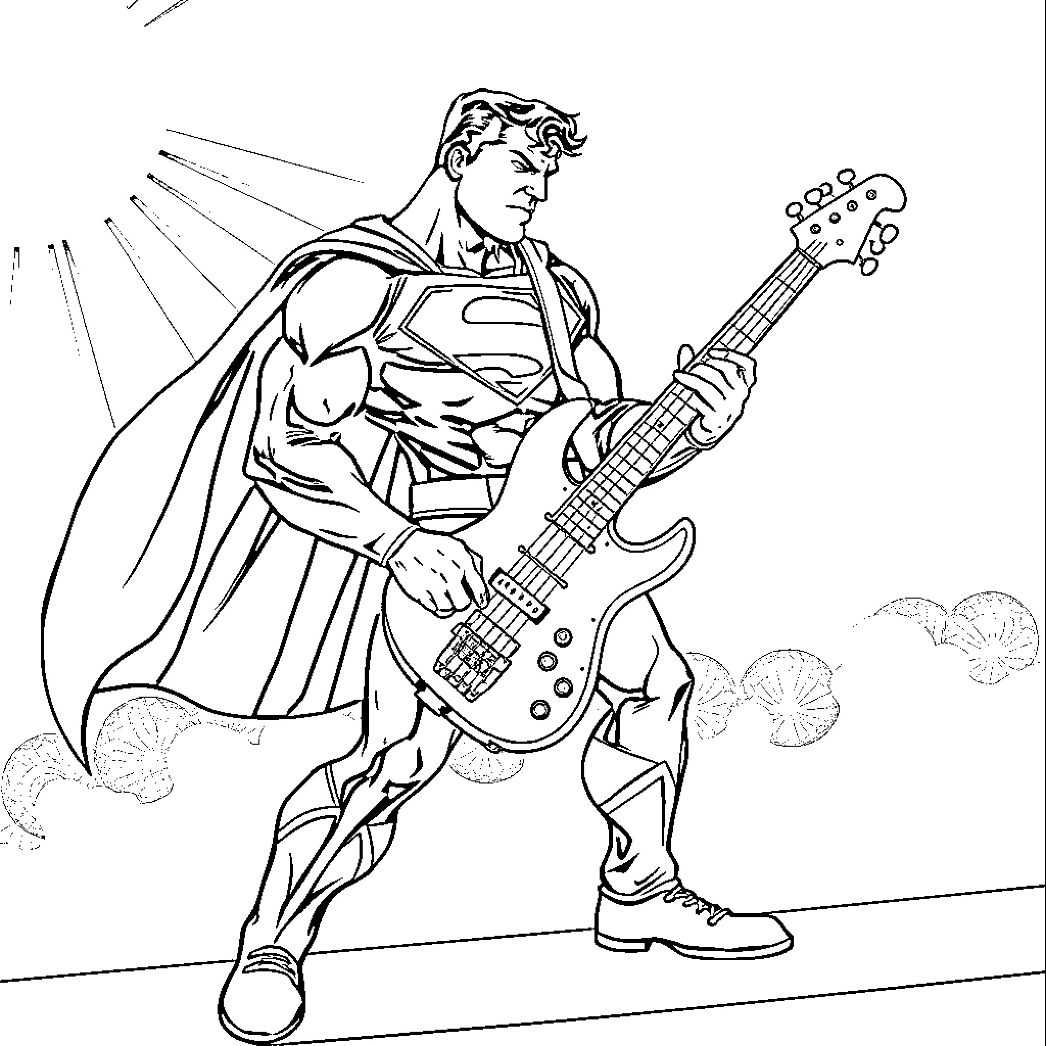 Superman playing electric guitar in action scene Coloring Page (free black-and-white line drawing printable PDF for all, from beginners to advanced learners, including children, teens, adults, and seniors)