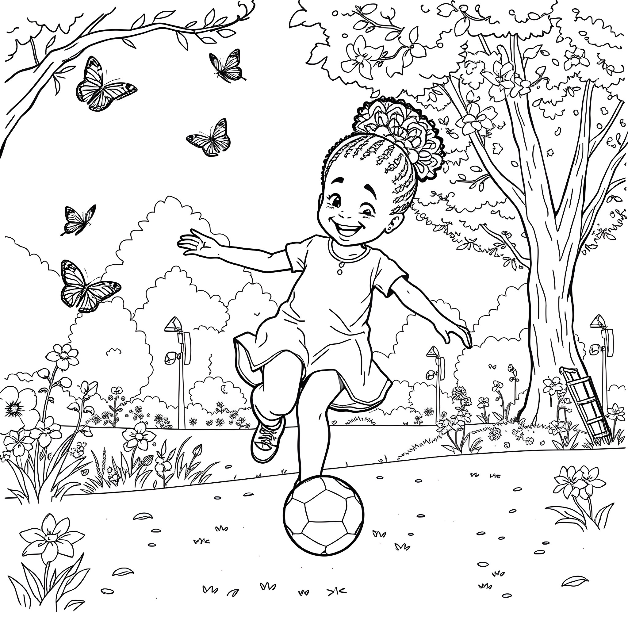 Girl playing happily with butterflies in the garden Coloring Page (free black-and-white line drawing printable PDF for all, from beginners to advanced learners, including children, teens, adults, and seniors)