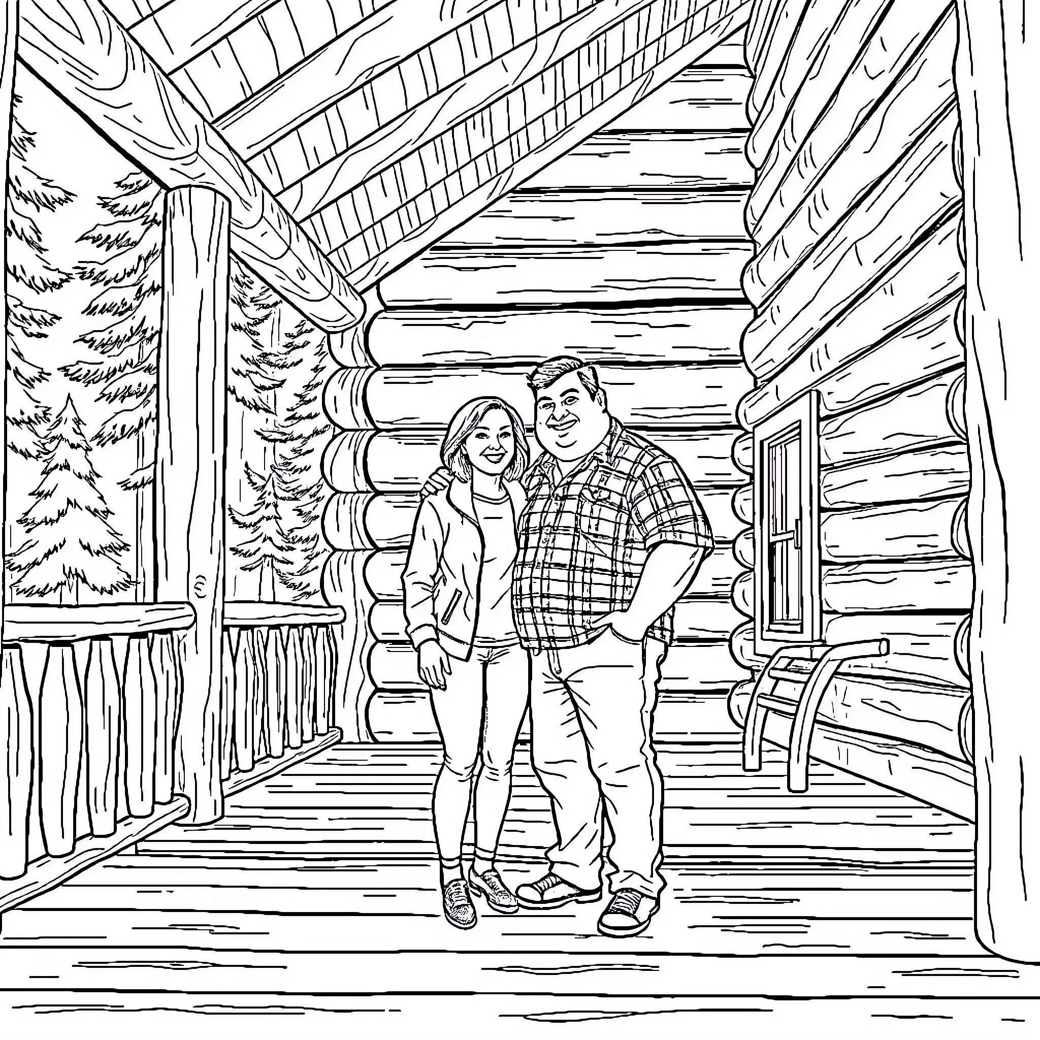 Woman and man standing together on cabin porch Coloring Page (free black-and-white line drawing printable PDF for all, from beginners to advanced learners, including children, teens, adults, and seniors)