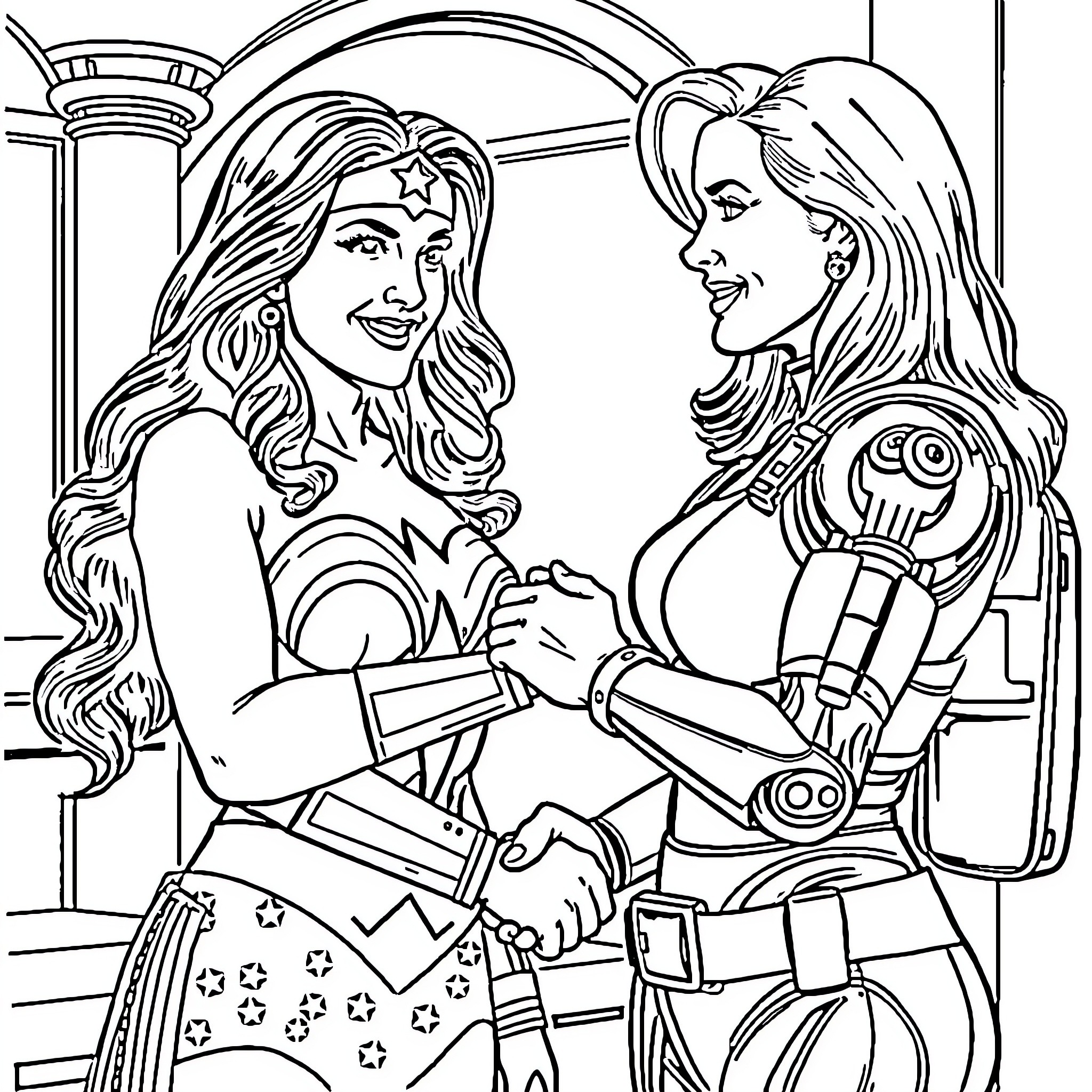 Wonder Woman Characters in Action Poses Coloring Page (free black-and-white line drawing printable PDF for all, from beginners to advanced learners, including children, teens, adults, and seniors)