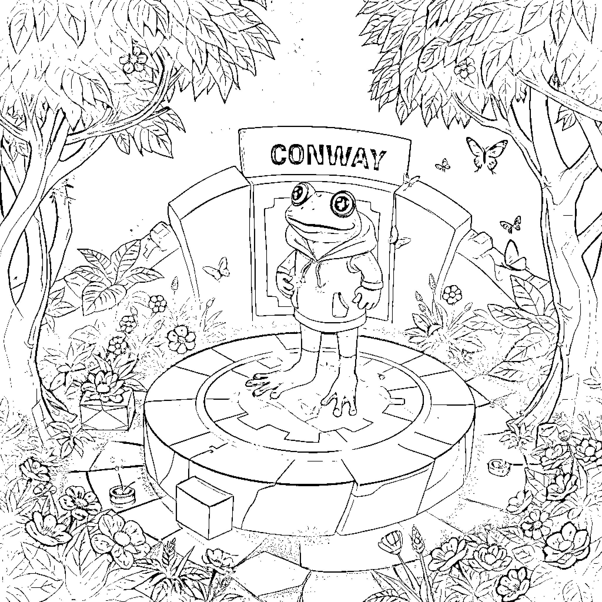 Pepe the Frog in a whimsical garden setting Coloring Page (free black-and-white line drawing printable PDF for all, from beginners to advanced learners, including children, teens, adults, and seniors)