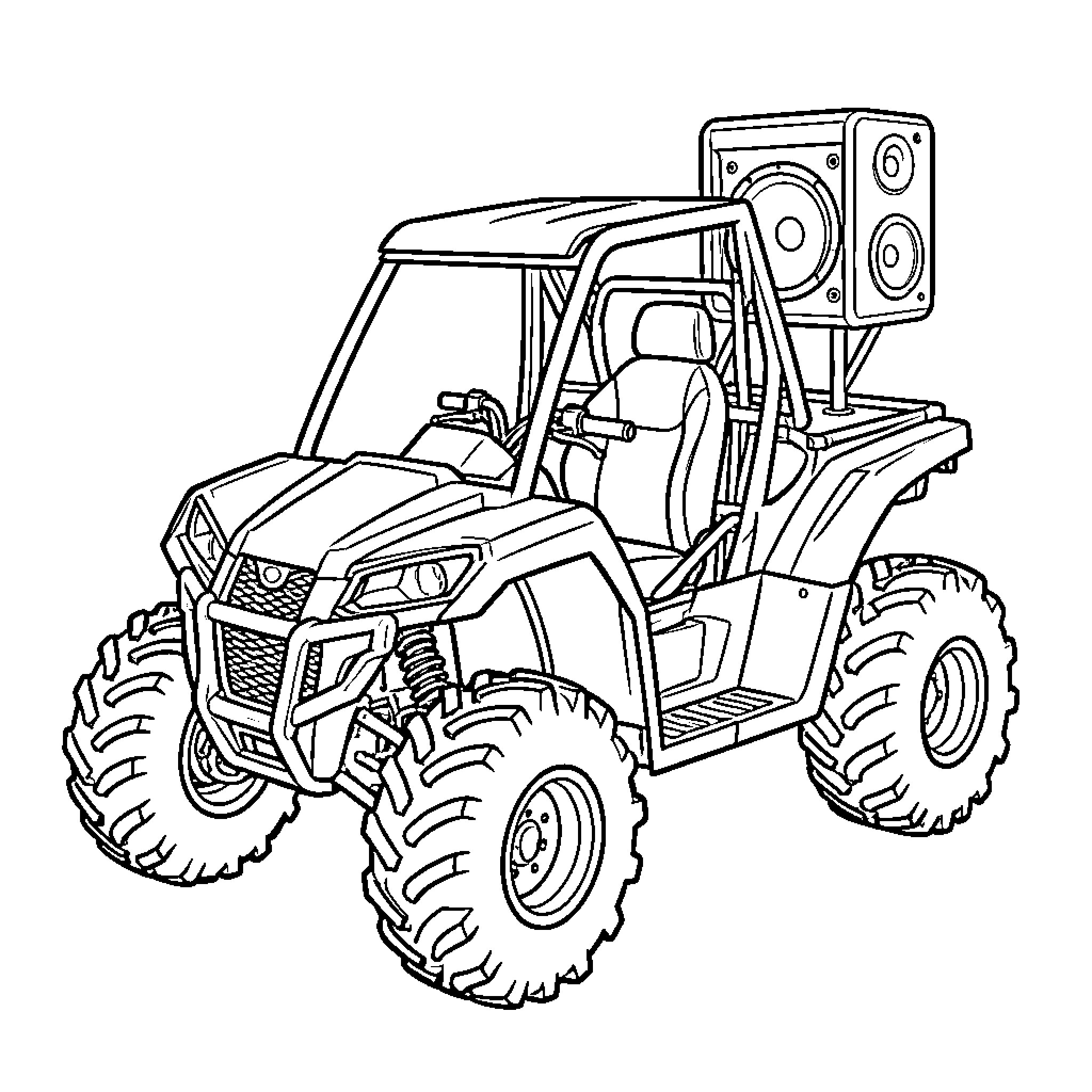 ATV with large speakers on the back Coloring Page (free black-and-white line drawing printable PDF for all, from beginners to advanced learners, including children, teens, adults, and seniors)