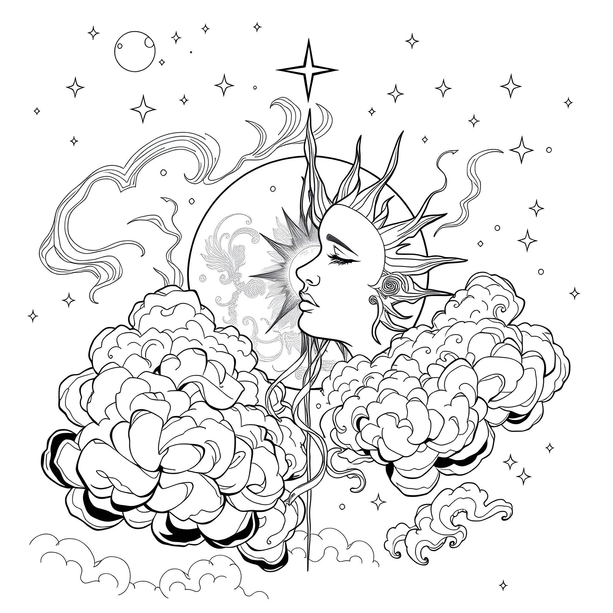 Moon and Sun Embracing in Celestial Harmony Coloring Page (free black-and-white line drawing printable PDF for all, from beginners to advanced learners, including children, teens, adults, and seniors)