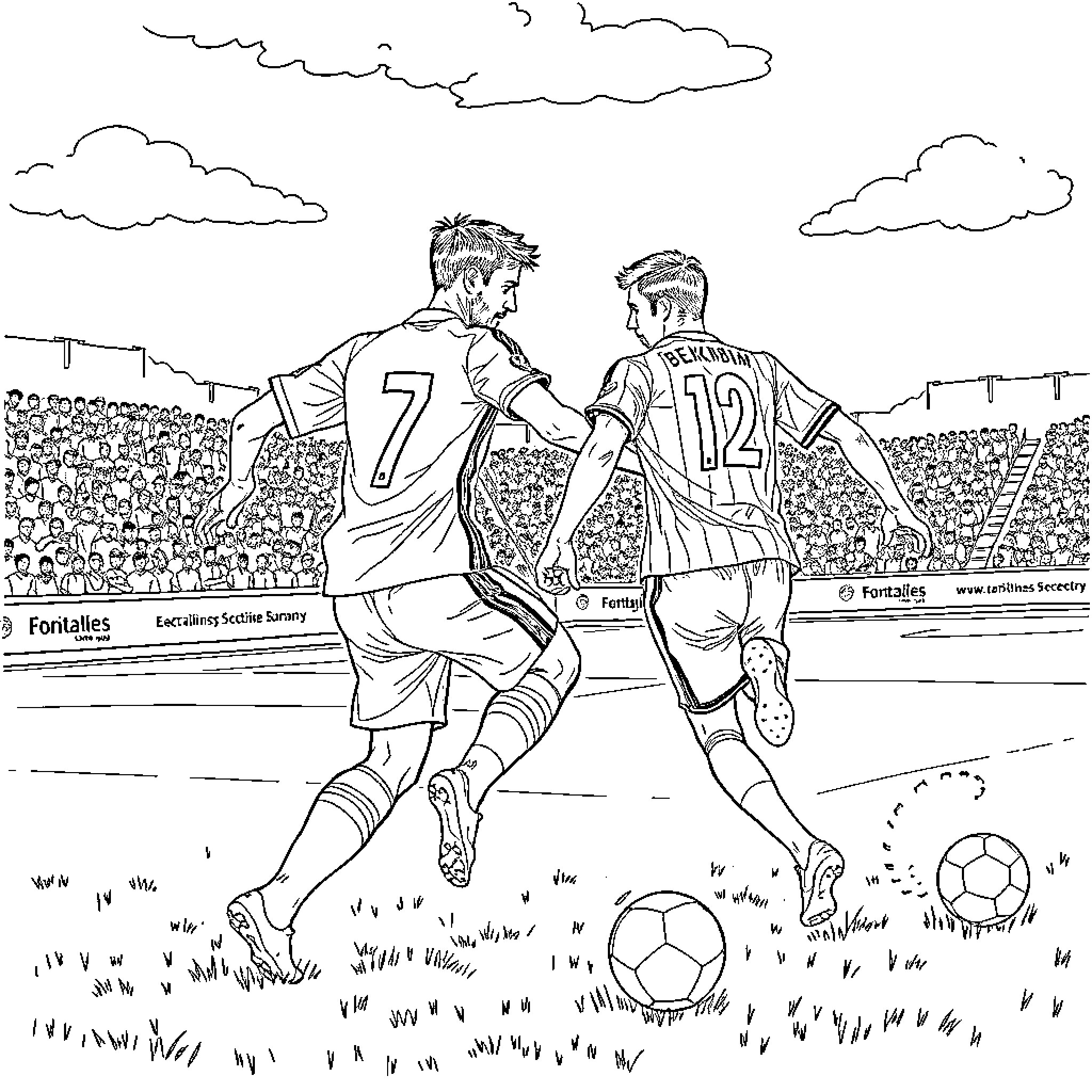 Thierry Henry Competing in Soccer Match on Field Coloring Page (free black-and-white line drawing printable PDF for all, from beginners to advanced learners, including children, teens, adults, and seniors)