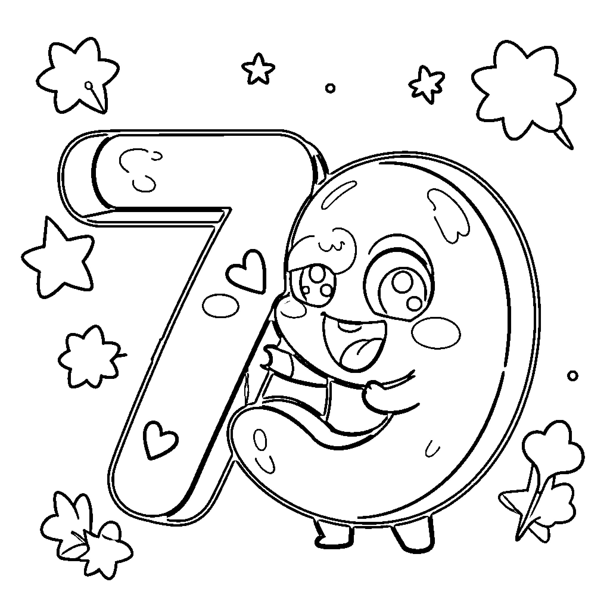 Number 7 Character with Playful Expressions Coloring Page (free black-and-white line drawing printable PDF for all, from beginners to advanced learners, including children, teens, adults, and seniors)