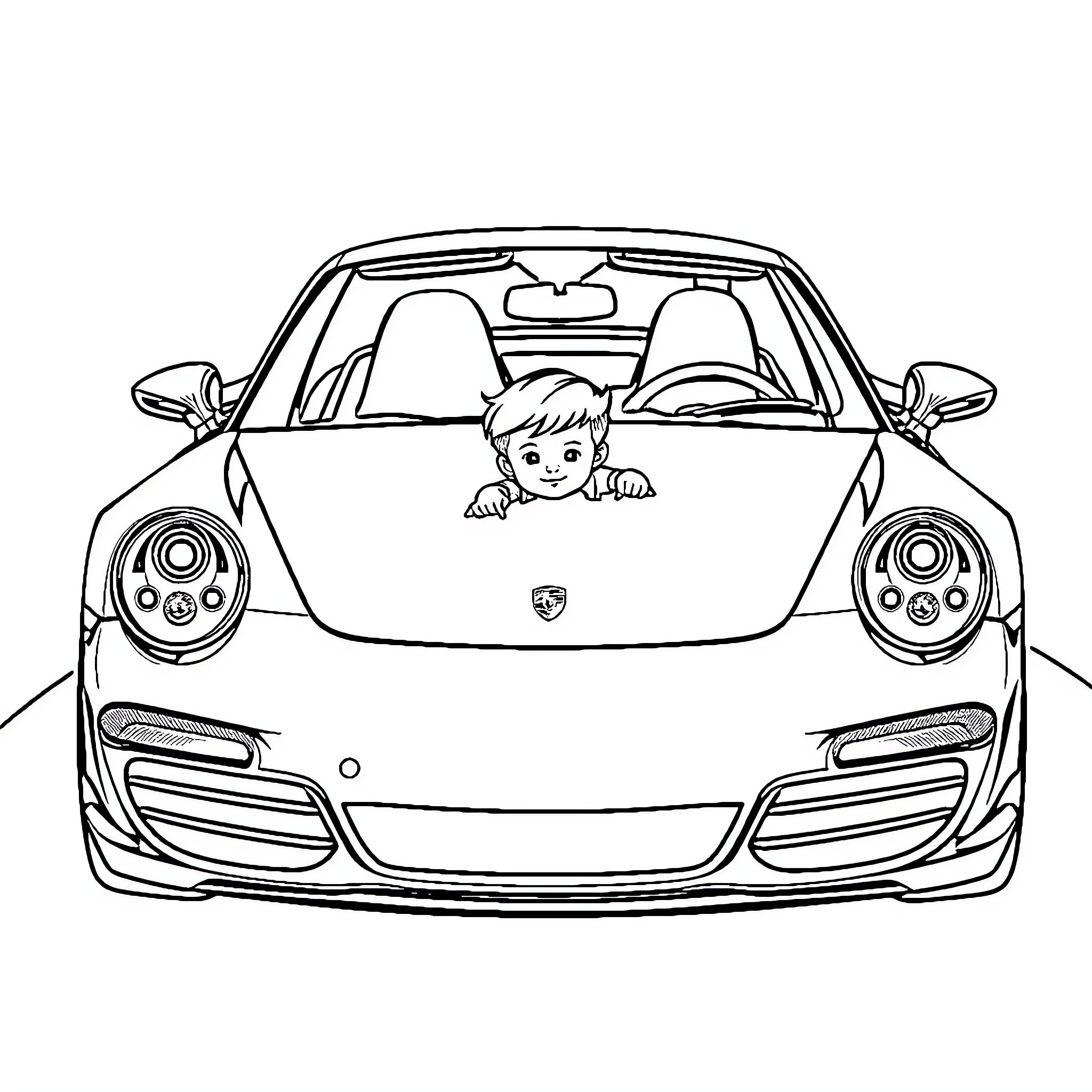 Porsche sports car with a playful child Coloring Page (free black-and-white line drawing printable PDF for all, from beginners to advanced learners, including children, teens, adults, and seniors)