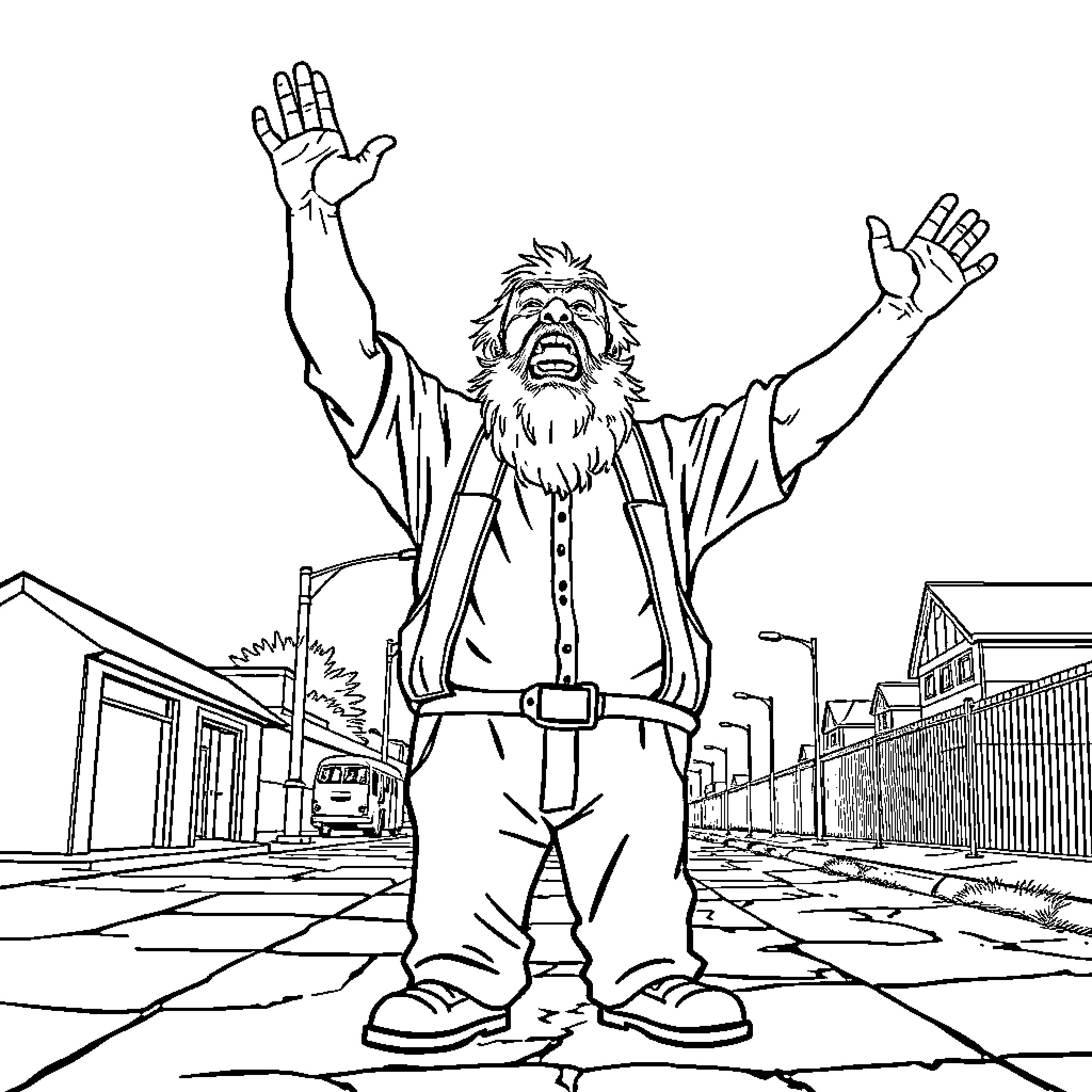 Man with wild hair and raised arms in city street Coloring Page (free black-and-white line drawing printable PDF for all, from beginners to advanced learners, including children, teens, adults, and seniors)