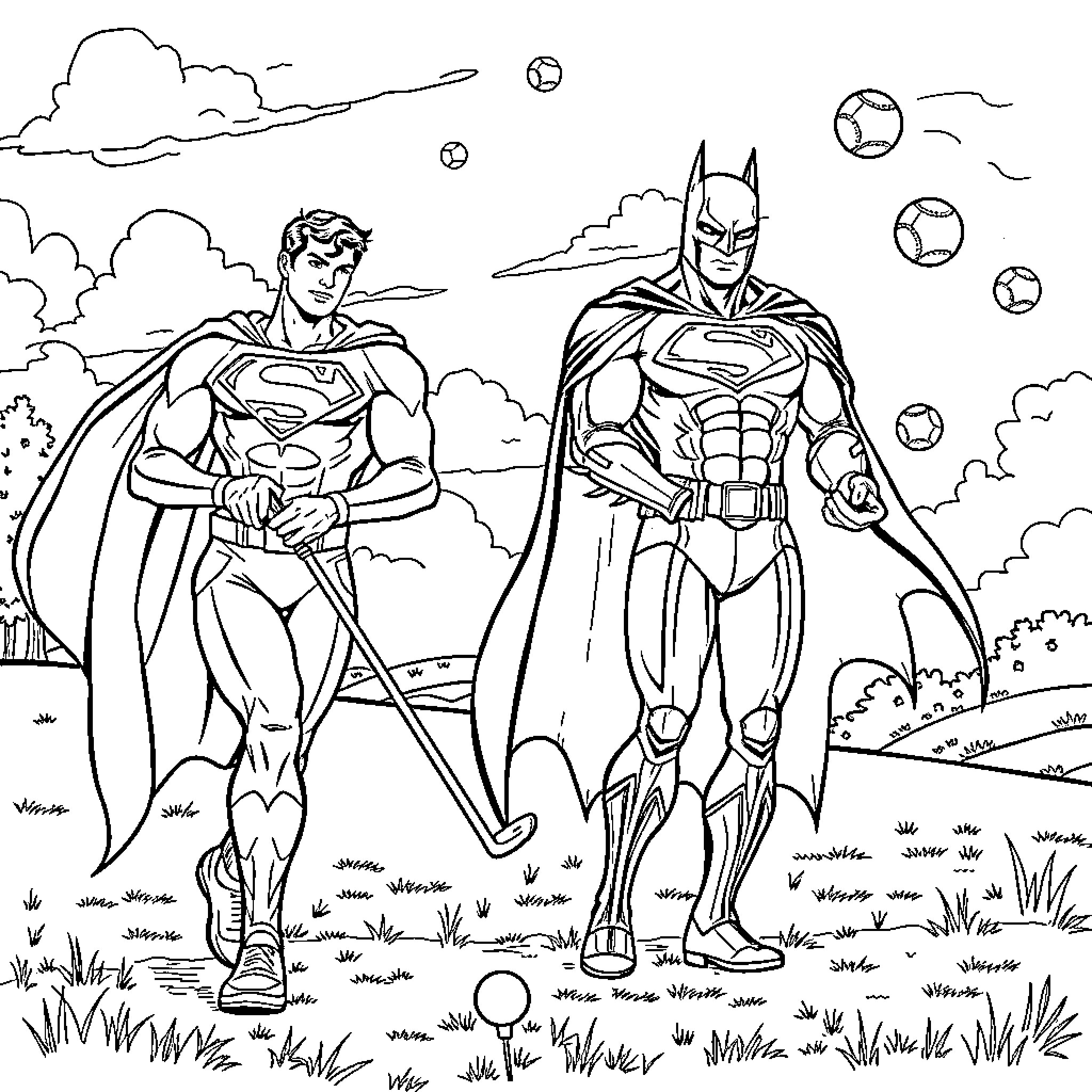 Superman and Batman heroic pose in the park Coloring Page (free black-and-white line drawing printable PDF for all, from beginners to advanced learners, including children, teens, adults, and seniors)