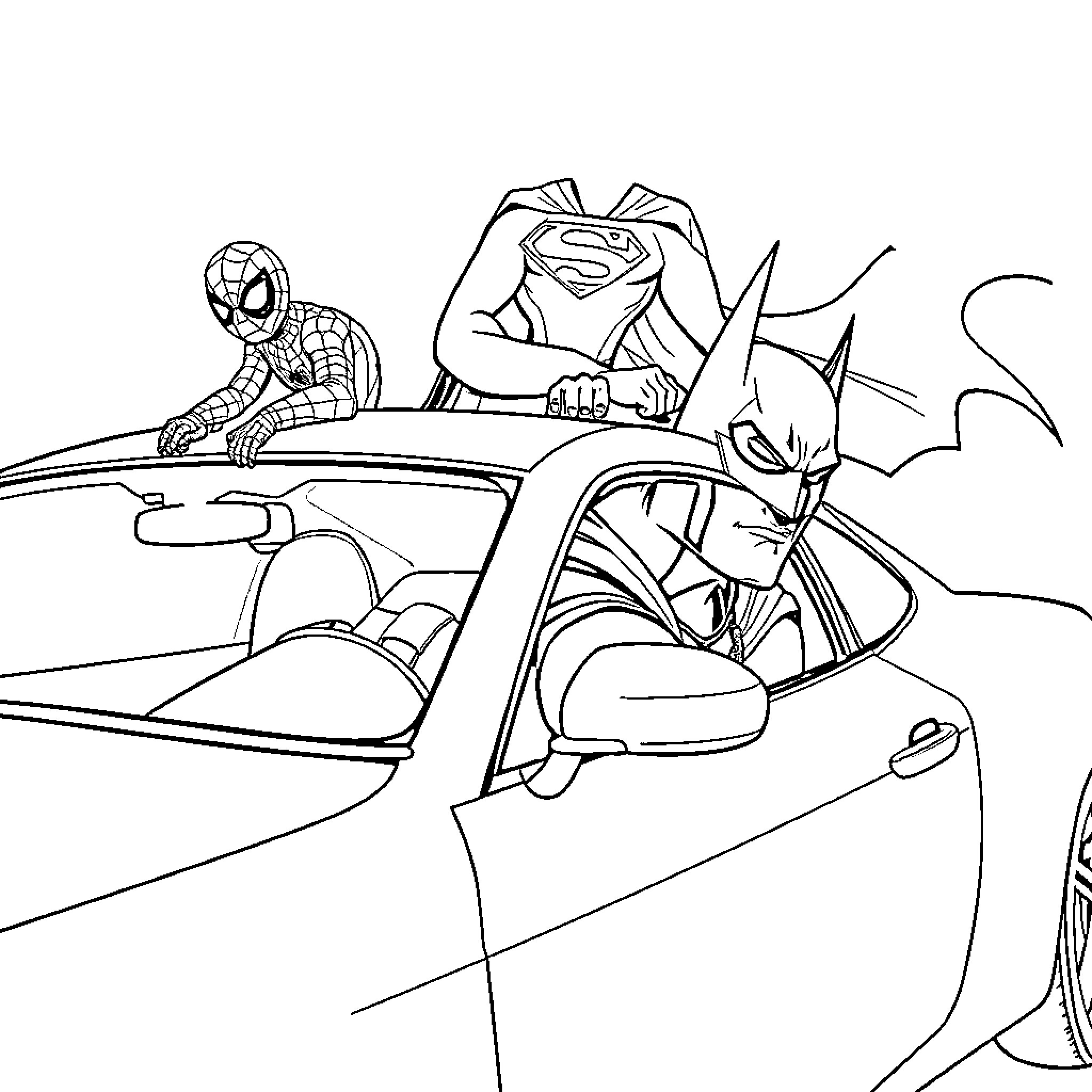 Spiderman, Superman, and Batman team up in an action scene Coloring Page (free black-and-white line drawing printable PDF for all, from beginners to advanced learners, including children, teens, adults, and seniors)
