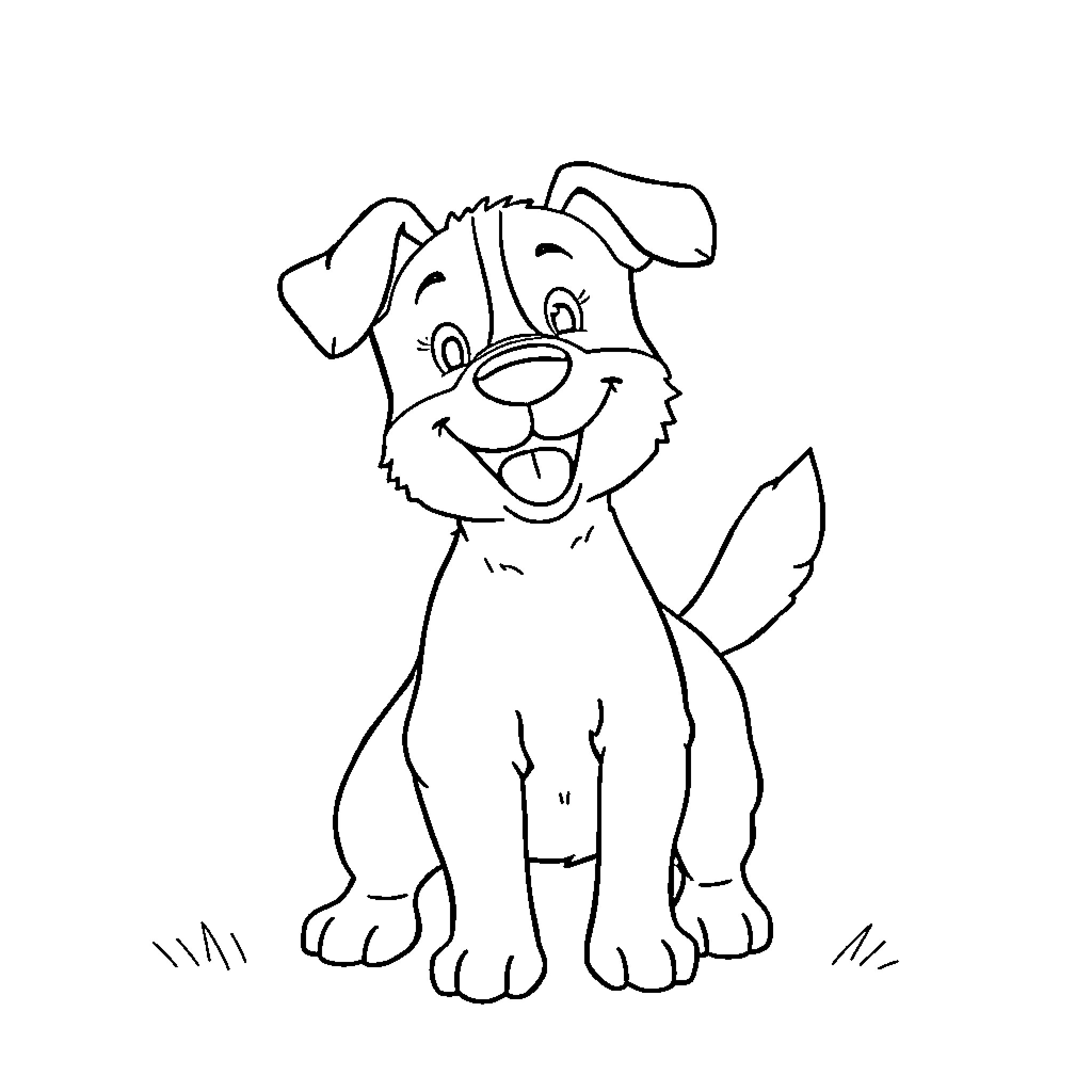 Dog sitting happily on grassy ground Coloring Page (free black-and-white line drawing printable PDF for all, from beginners to advanced learners, including children, teens, adults, and seniors)
