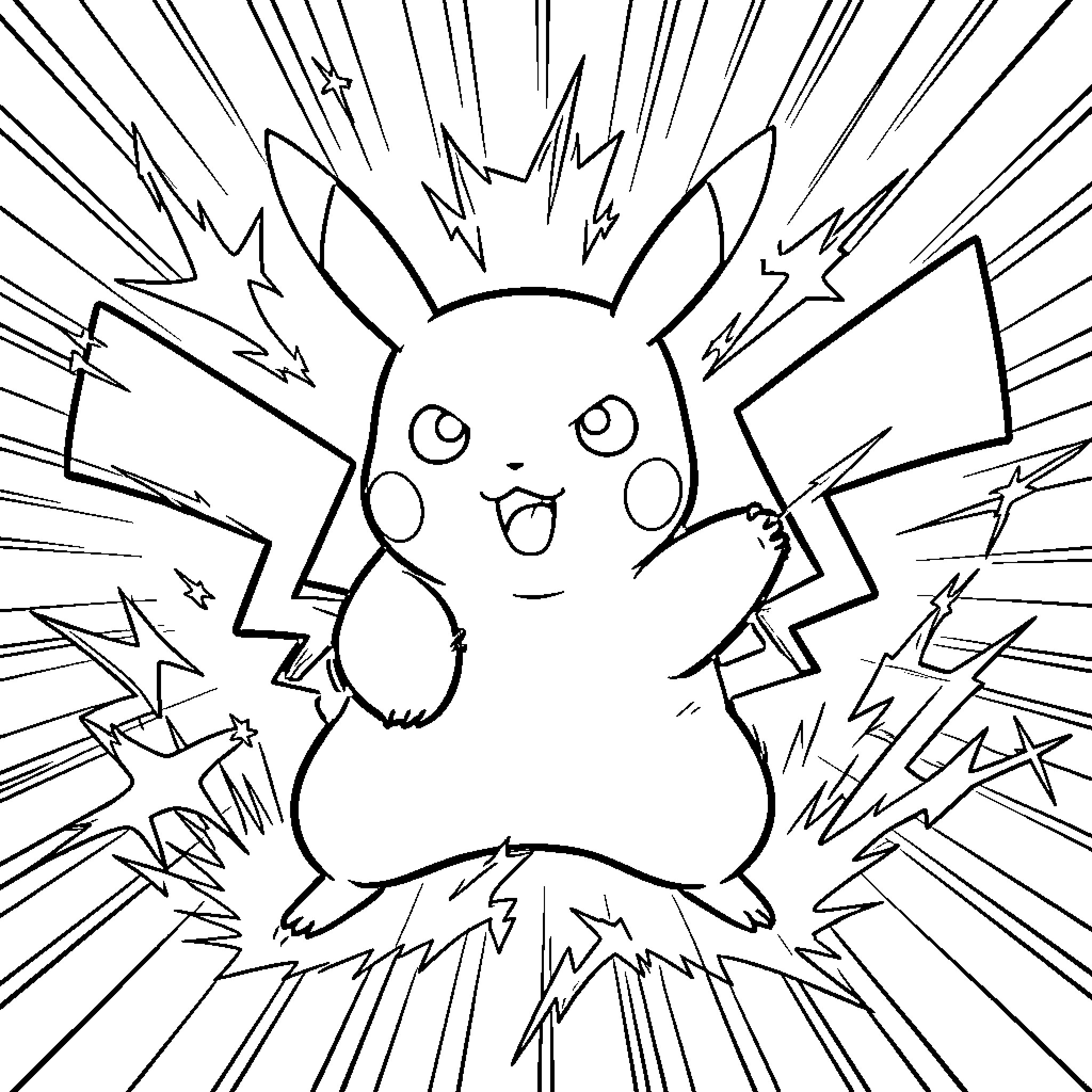 Pikachu Excitedly Surrounded by Electricity and Sparks Coloring Page (free black-and-white line drawing printable PDF for all, from beginners to advanced learners, including children, teens, adults, and seniors)