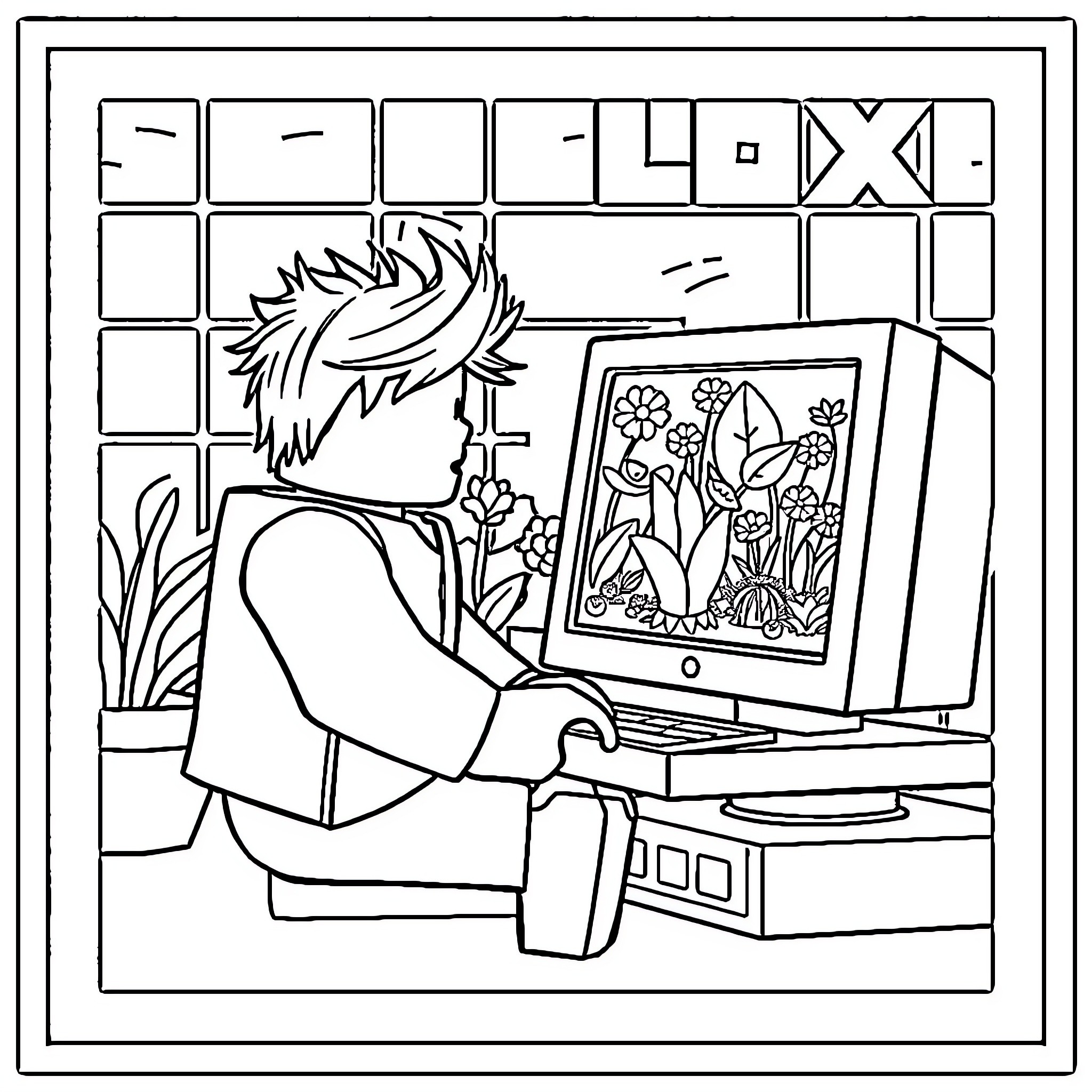 Roblox Character creating digital art on computer Coloring Page (free black-and-white line drawing printable PDF for all, from beginners to advanced learners, including children, teens, adults, and seniors)