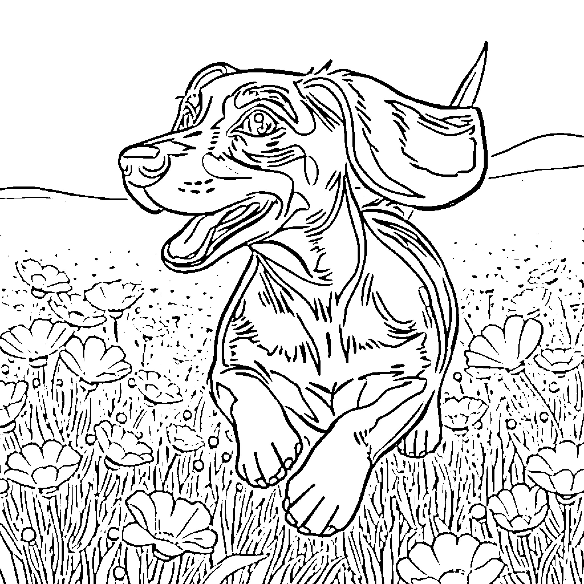 Dachshund frolicking in a floral meadow Coloring Page (free black-and-white line drawing printable PDF for all, from beginners to advanced learners, including children, teens, adults, and seniors)