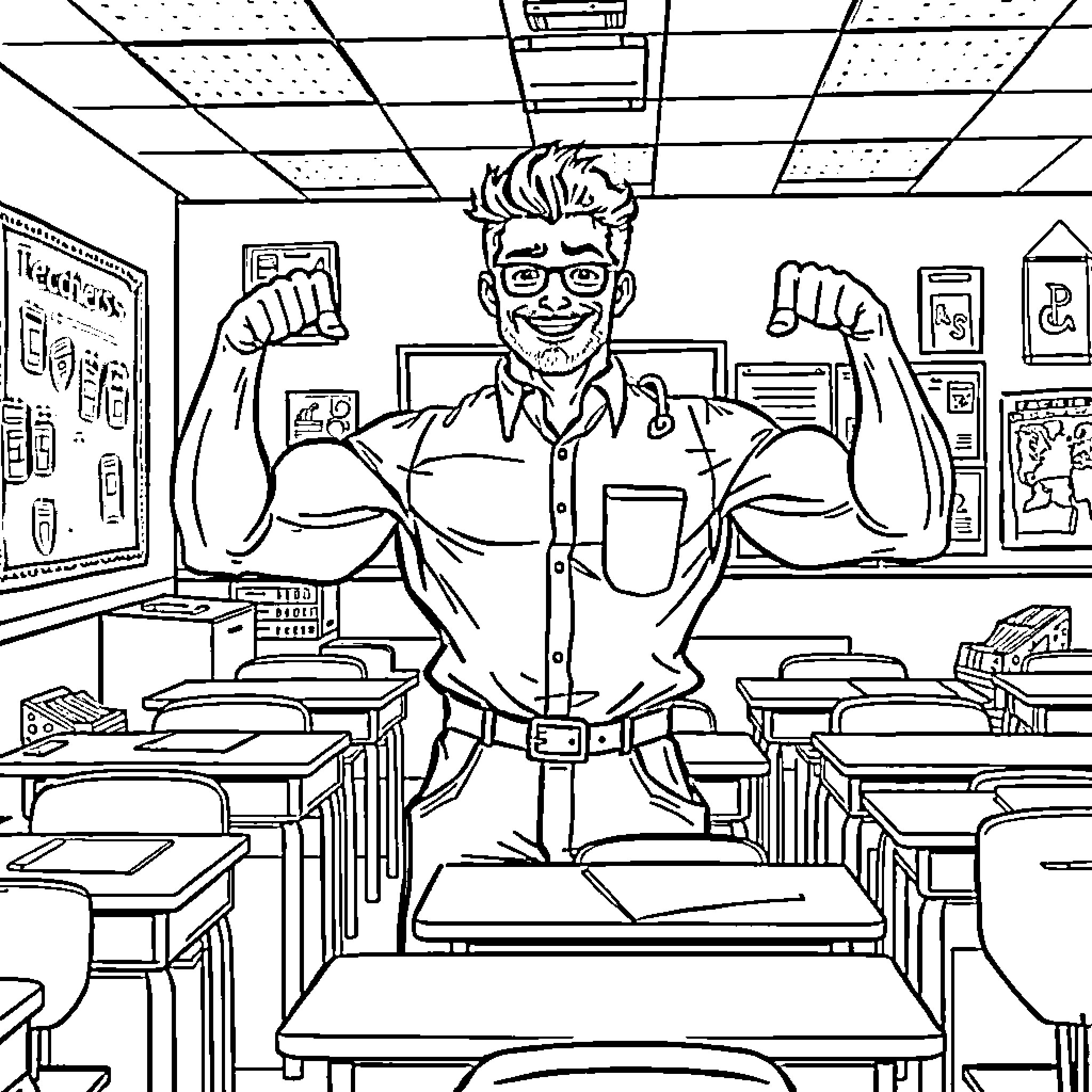 Teacher triumphantly celebrates in classroom Coloring Page (free black-and-white line drawing printable PDF for all, from beginners to advanced learners, including children, teens, adults, and seniors)