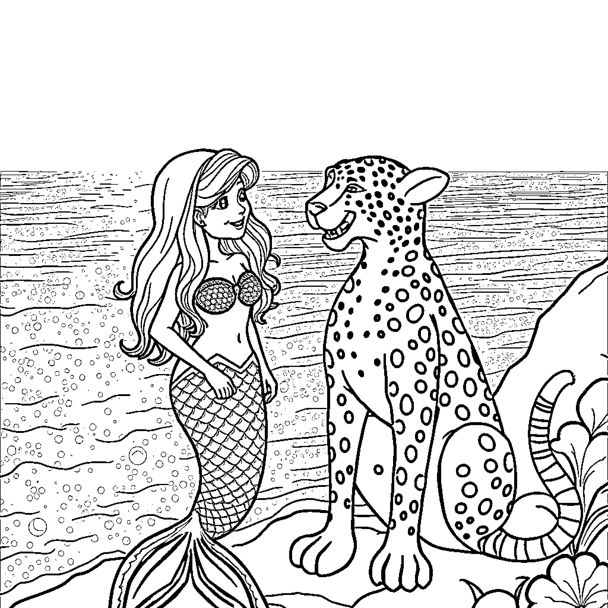 Mermaid and Cheetah Encounter on the Beach Coloring Page (free black-and-white line drawing printable PDF for all, from beginners to advanced learners, including children, teens, adults, and seniors)