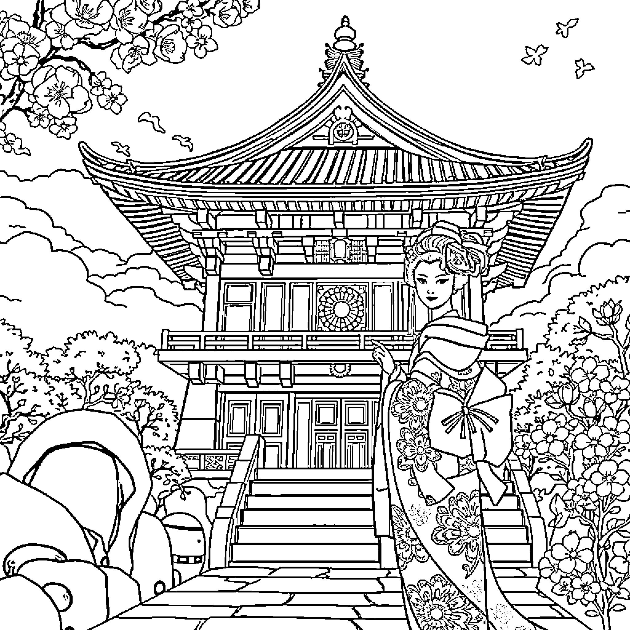 Geisha in traditional attire near Japanese temple Coloring Page (free black-and-white line drawing printable PDF for all, from beginners to advanced learners, including children, teens, adults, and seniors)