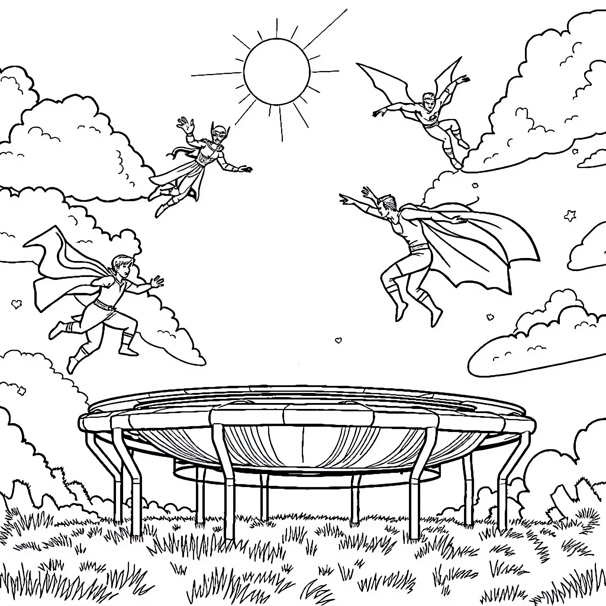 Trampoline fun with flying superheroes Coloring Page (free black-and-white line drawing printable PDF for all, from beginners to advanced learners, including children, teens, adults, and seniors)