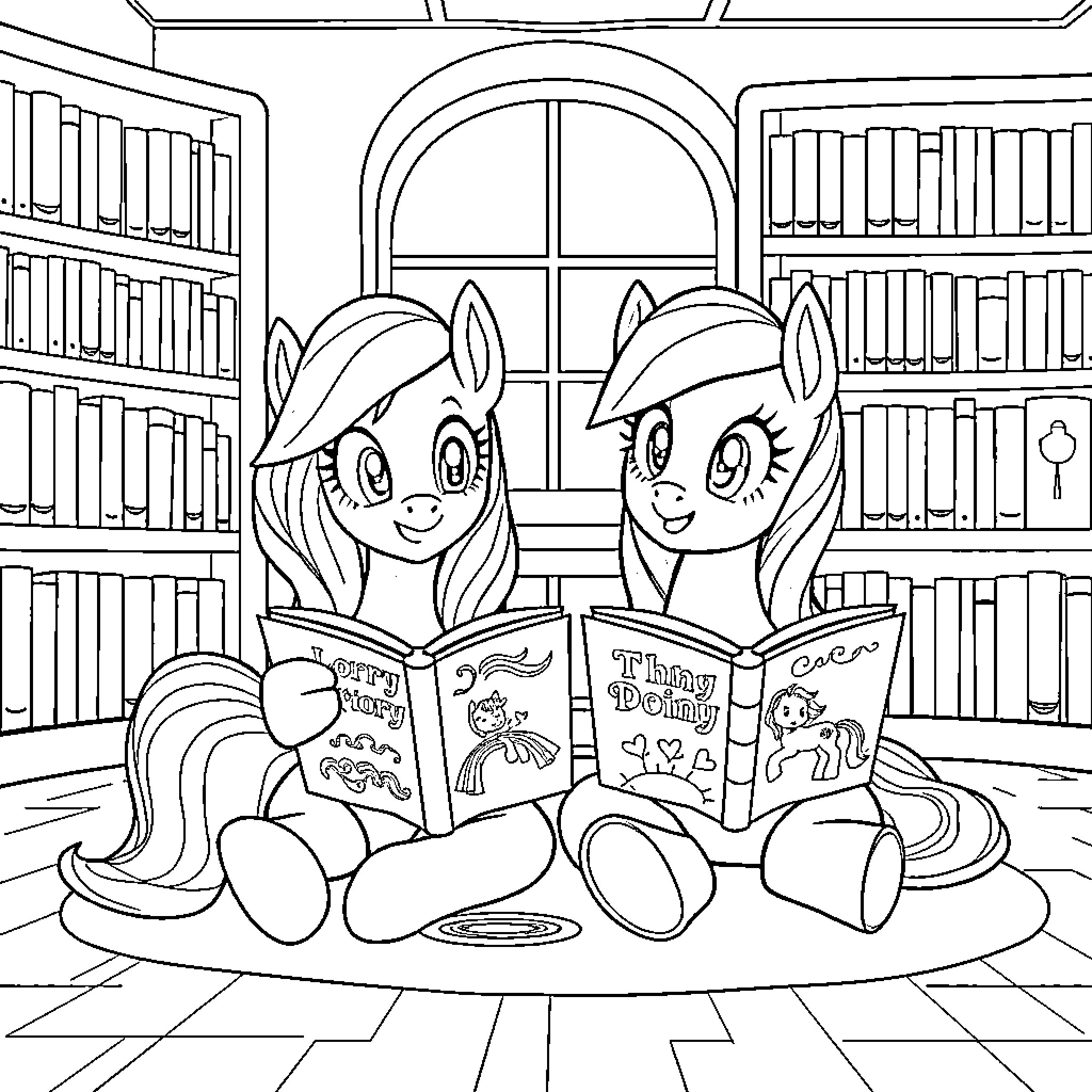 Ponies reading storybooks in the library Coloring Page (free black-and-white line drawing printable PDF for all, from beginners to advanced learners, including children, teens, adults, and seniors)