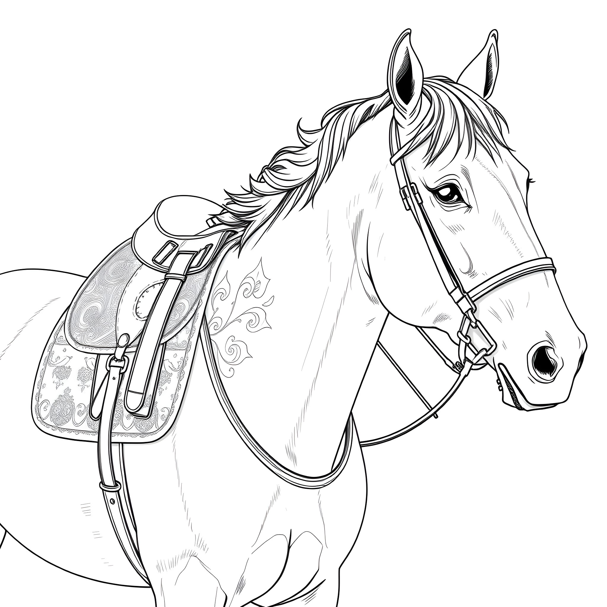 Saddle Pad Horse with Decorative Tack Coloring Page (free black-and-white line drawing printable PDF for all, from beginners to advanced learners, including children, teens, adults, and seniors)
