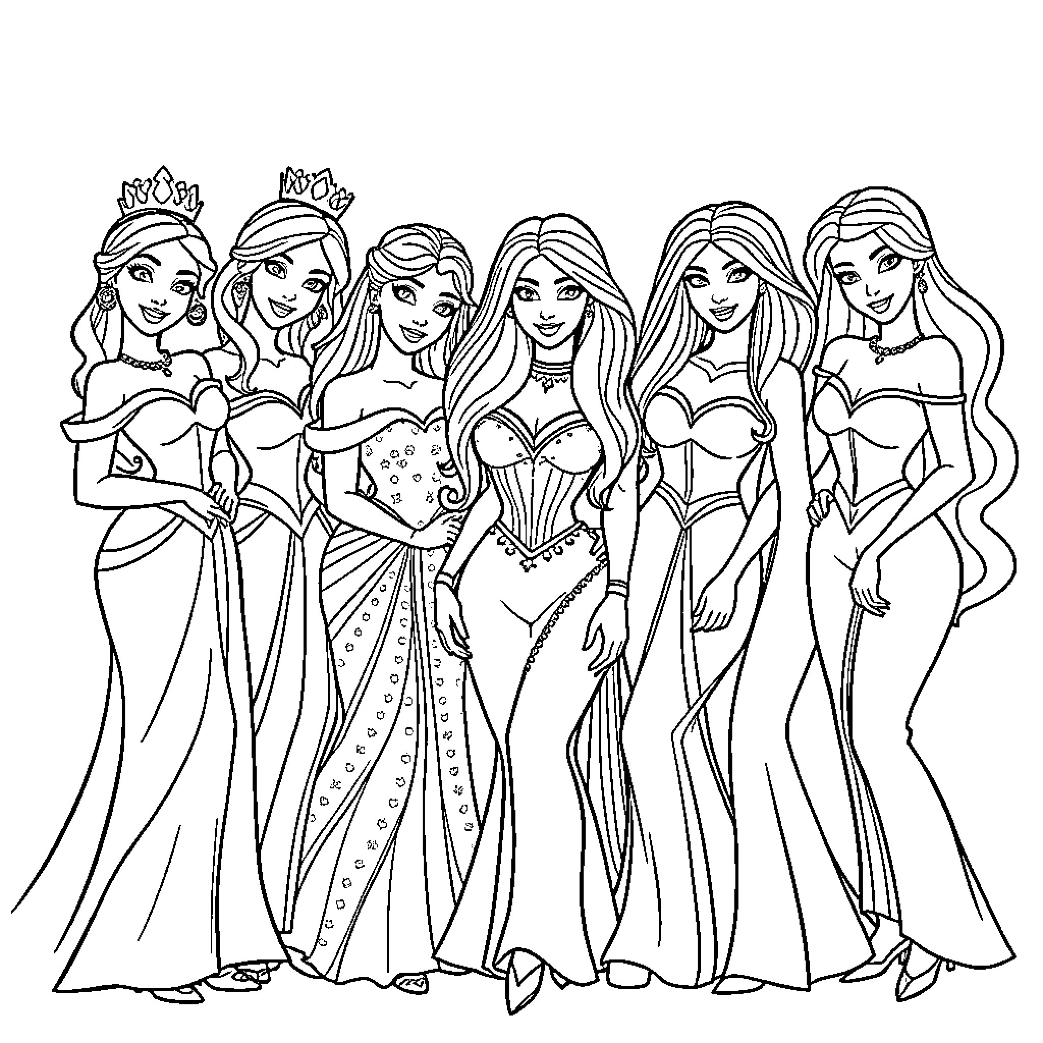 Disney Princesses in Glamorous Gowns Coloring Page (free black-and-white line drawing printable PDF for all, from beginners to advanced learners, including children, teens, adults, and seniors)