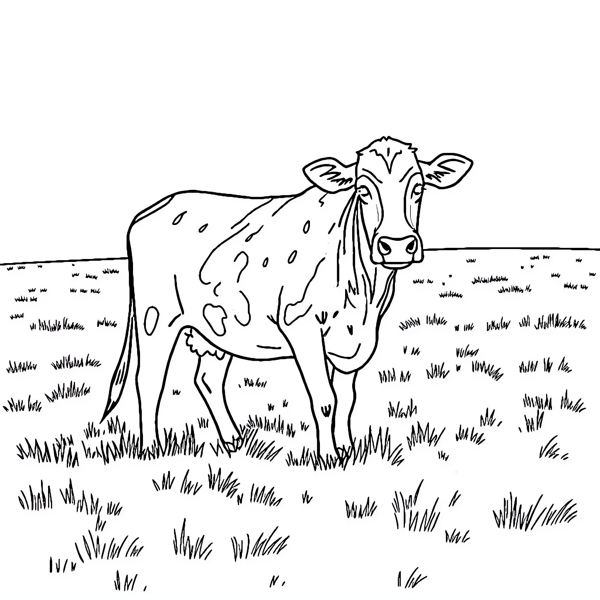 Cow enjoying the grassy meadow Coloring Page (free black-and-white line drawing printable PDF for all, from beginners to advanced learners, including children, teens, adults, and seniors)