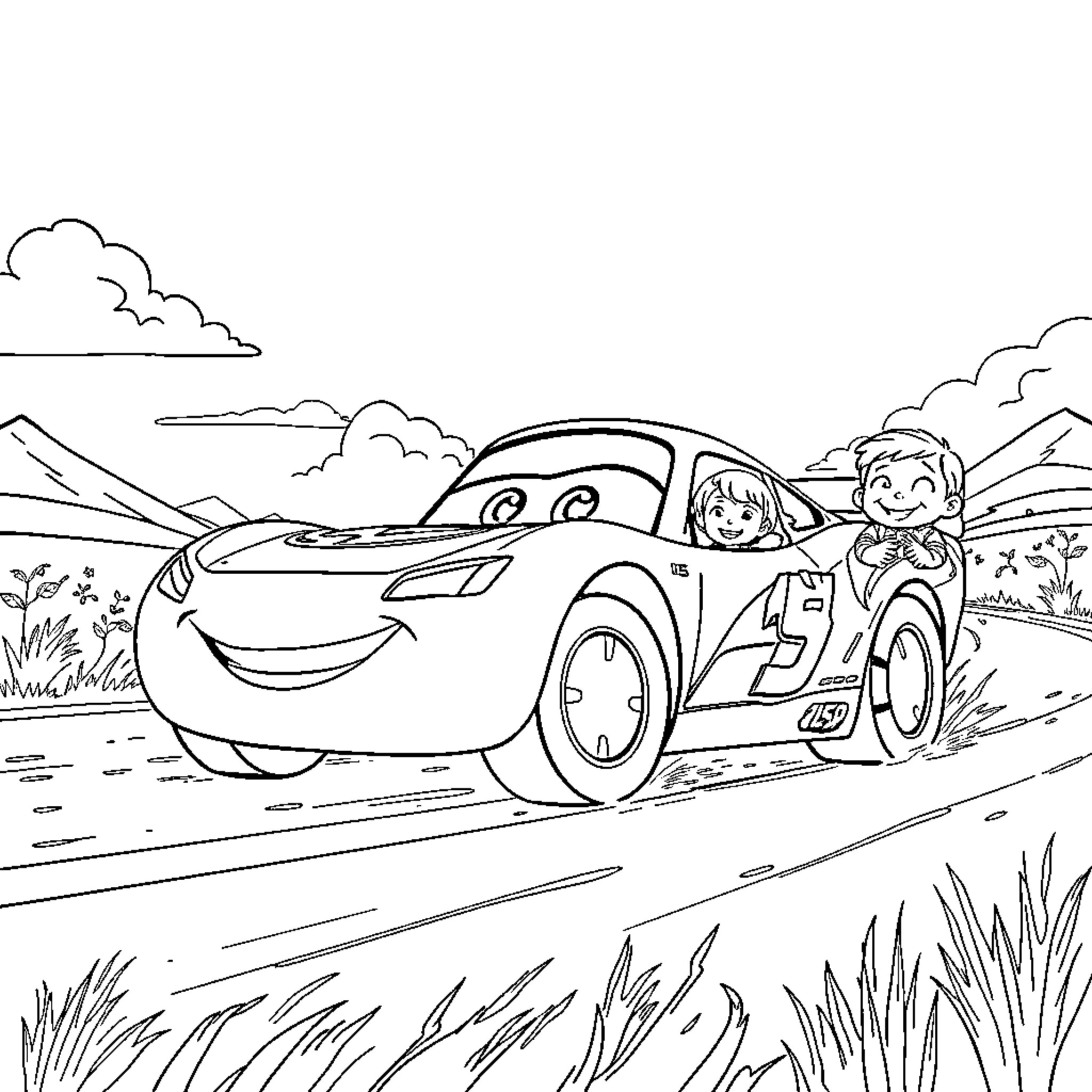 Flash McQueen's Adventurous Road Trip in the Countryside Coloring Page (free black-and-white line drawing printable PDF for all, from beginners to advanced learners, including children, teens, adults, and seniors)
