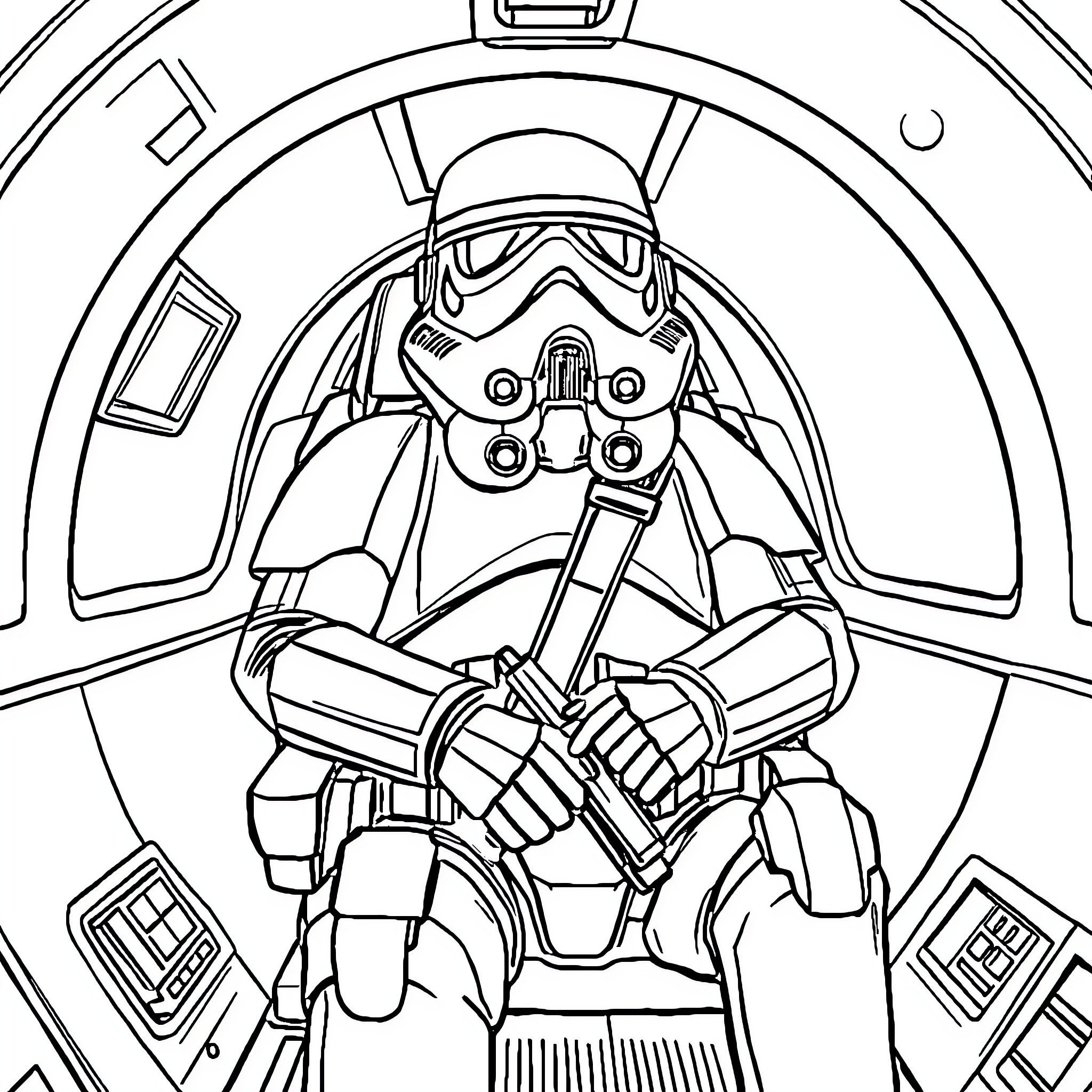 Storm Trooper operating spacecraft controls Coloring Page (free black-and-white line drawing printable PDF for all, from beginners to advanced learners, including children, teens, adults, and seniors)