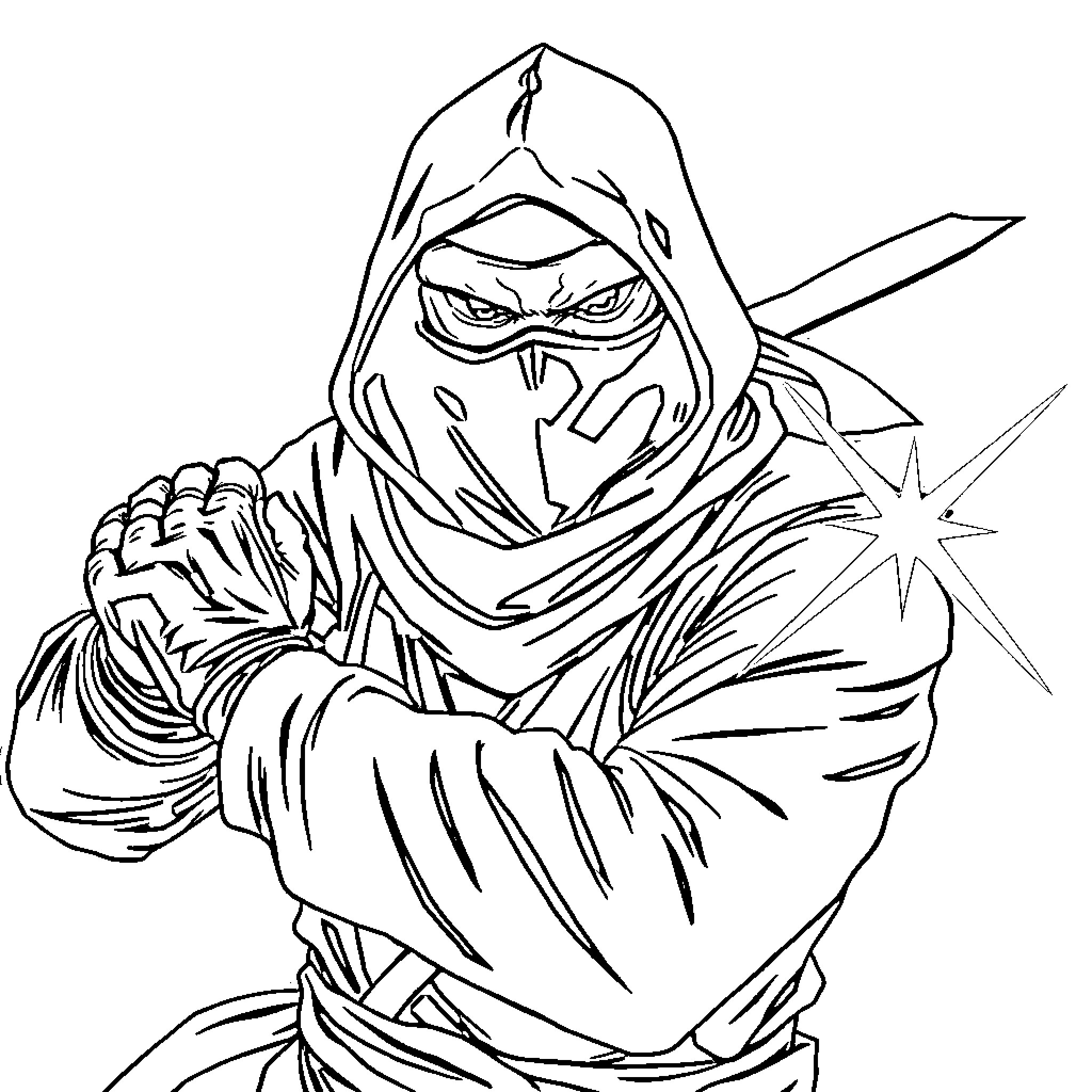 Ninja warrior in combat stance wielding shuriken Coloring Page (free black-and-white line drawing printable PDF for all, from beginners to advanced learners, including children, teens, adults, and seniors)