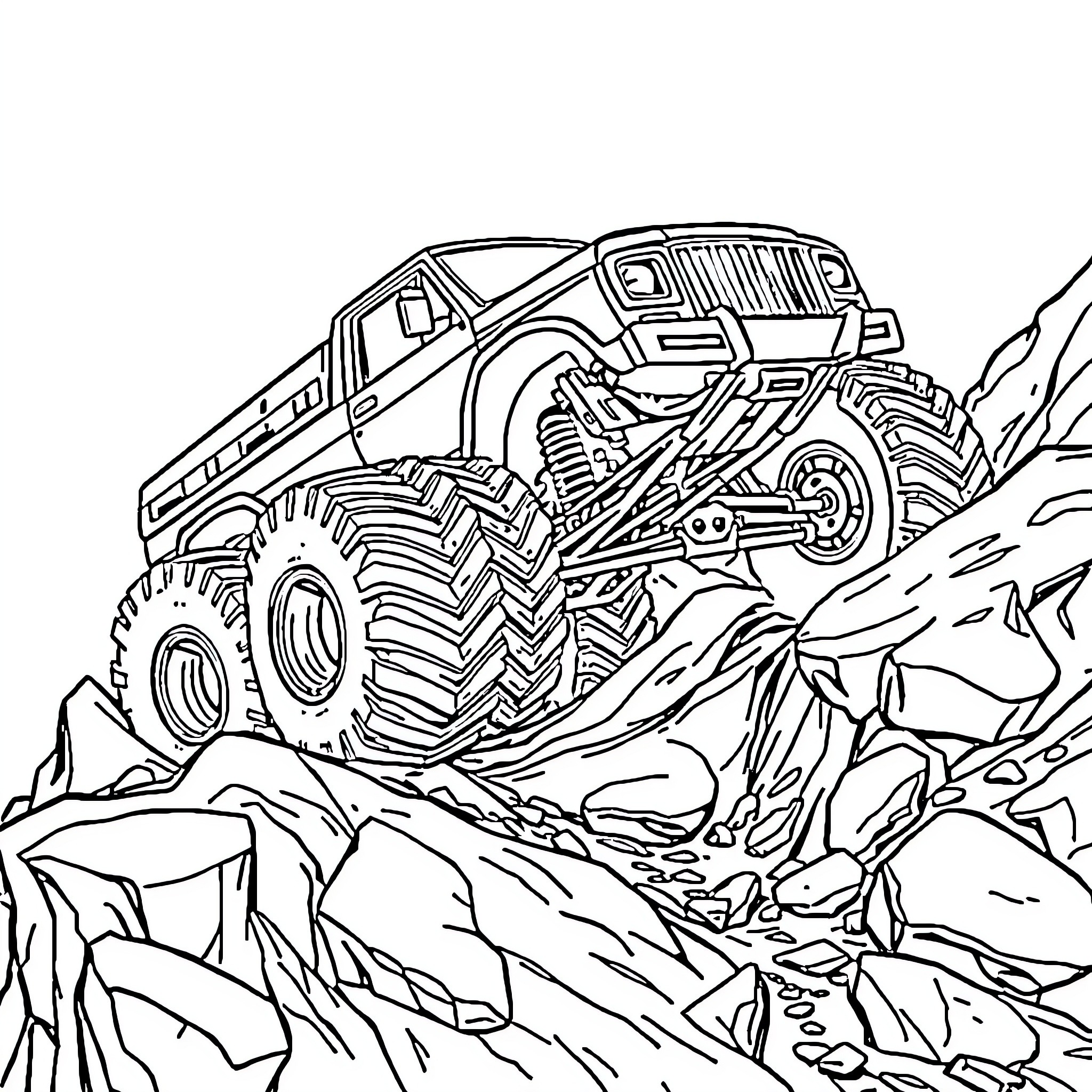 Monster Truck Conquering Rugged Terrain Coloring Page (free black-and-white line drawing printable PDF for all, from beginners to advanced learners, including children, teens, adults, and seniors)