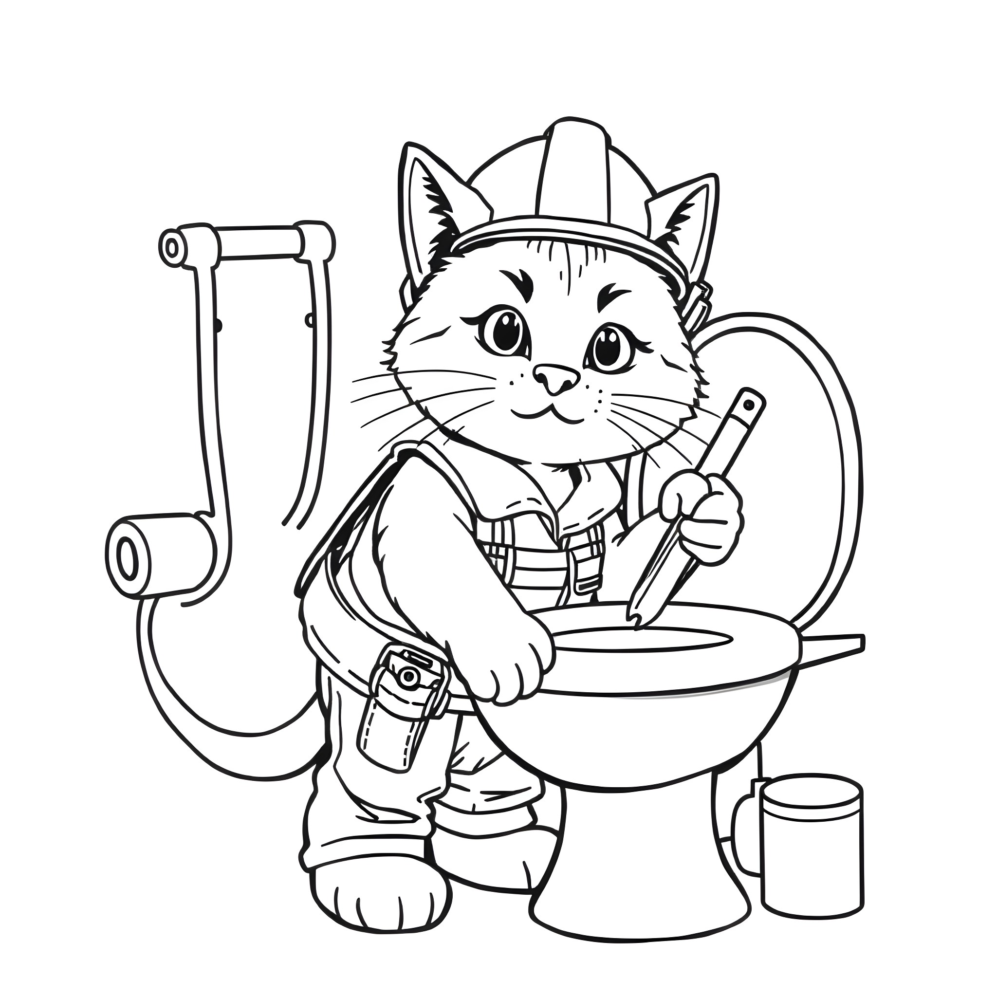 Cat Plumber Fixing Toilet Coloring Page (free black-and-white line drawing printable PDF for all, from beginners to advanced learners, including children, teens, adults, and seniors)