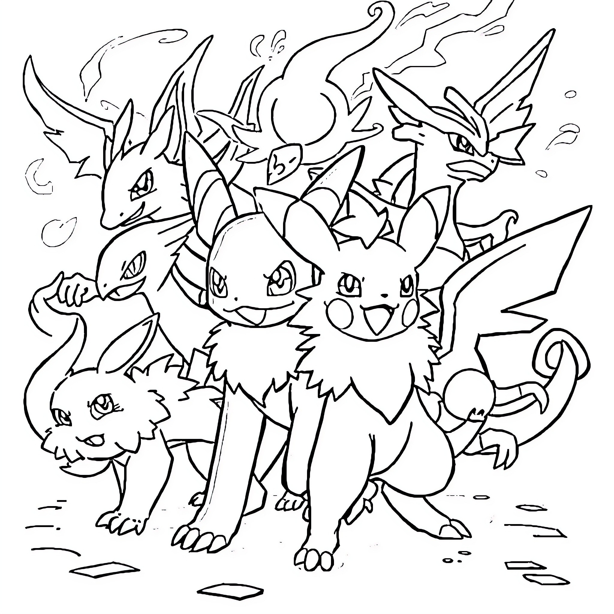 Pokémon characters in an animated scene Coloring Page (free black-and-white line drawing printable PDF for all, from beginners to advanced learners, including children, teens, adults, and seniors)