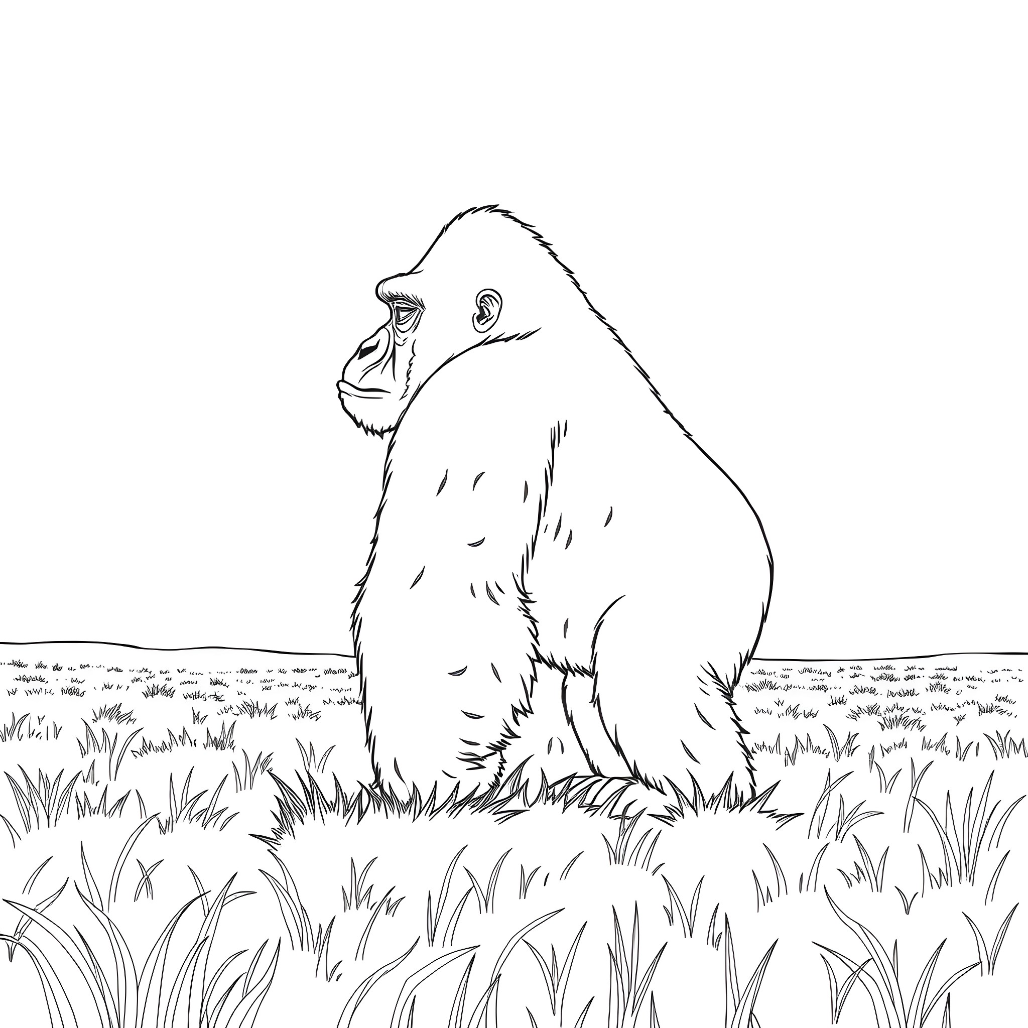 Gorilla sitting in lush grassland Coloring Page (free black-and-white line drawing printable PDF for all, from beginners to advanced learners, including children, teens, adults, and seniors)