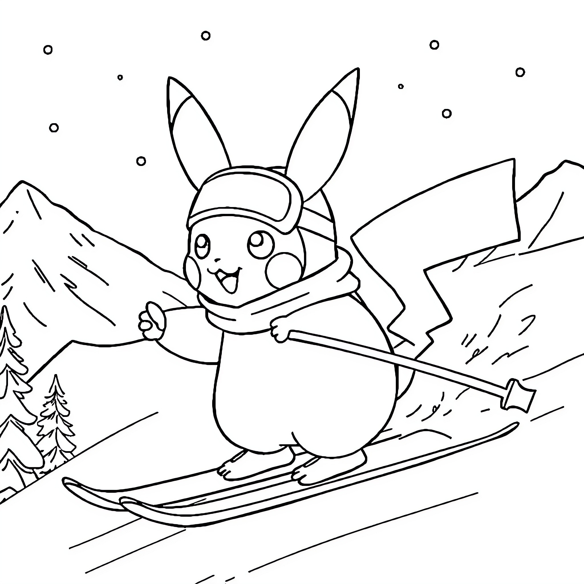 Pikachu enjoying winter sports in the mountains Coloring Page (free black-and-white line drawing printable PDF for all, from beginners to advanced learners, including children, teens, adults, and seniors)