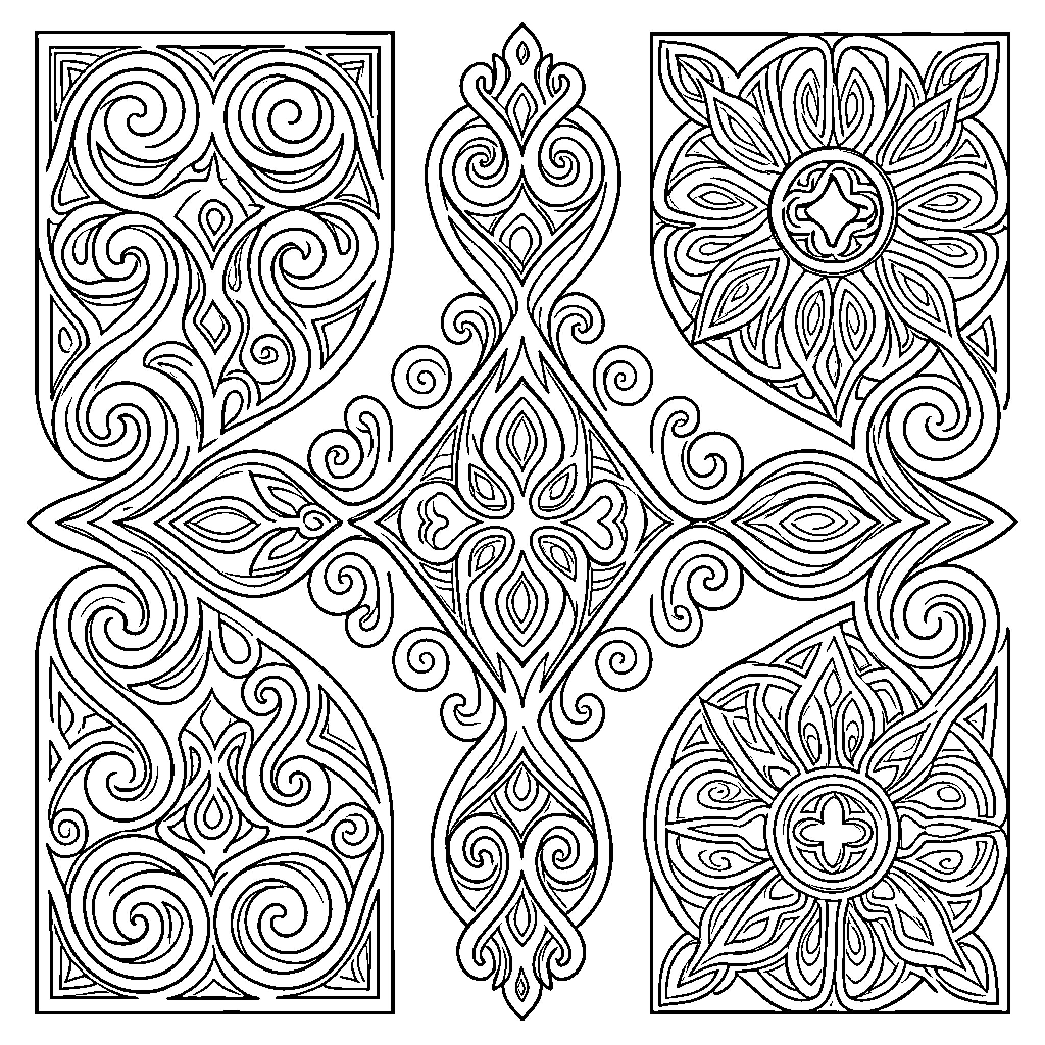 Maori Design featuring intricate symmetrical swirling patterns Coloring Page (free black-and-white line drawing printable PDF for all, from beginners to advanced learners, including children, teens, adults, and seniors)