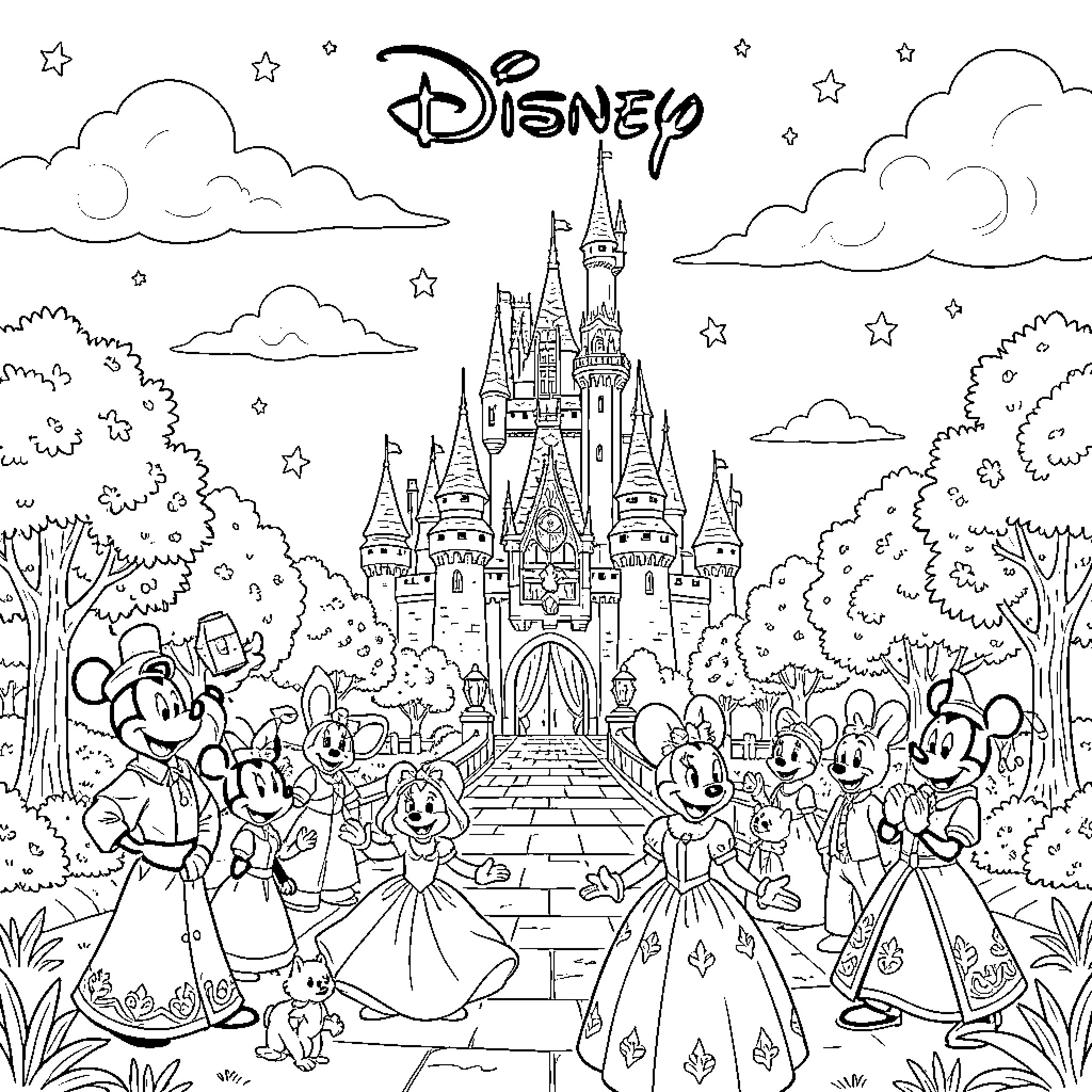 Disney characters in a magical castle scene Coloring Page (free black-and-white line drawing printable PDF for all, from beginners to advanced learners, including children, teens, adults, and seniors)