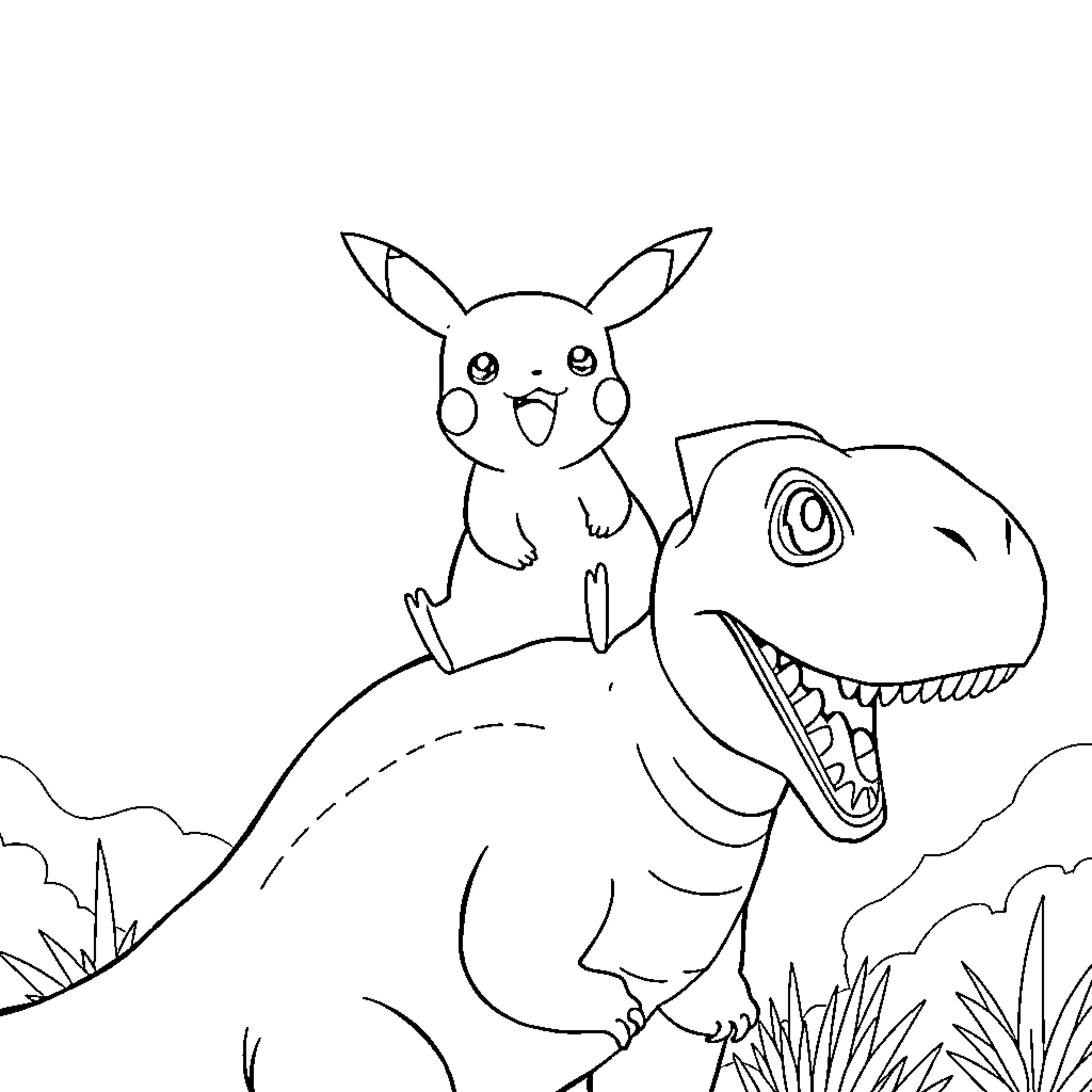 Pikachu riding a T-Rex in a playful scene Coloring Page (free black-and-white line drawing printable PDF for all, from beginners to advanced learners, including children, teens, adults, and seniors)