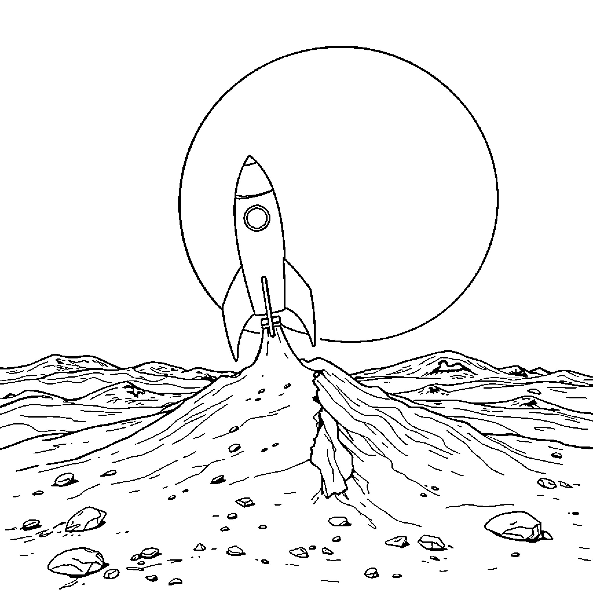 Rocket launching into the desolate landscape Coloring Page (free black-and-white line drawing printable PDF for all, from beginners to advanced learners, including children, teens, adults, and seniors)