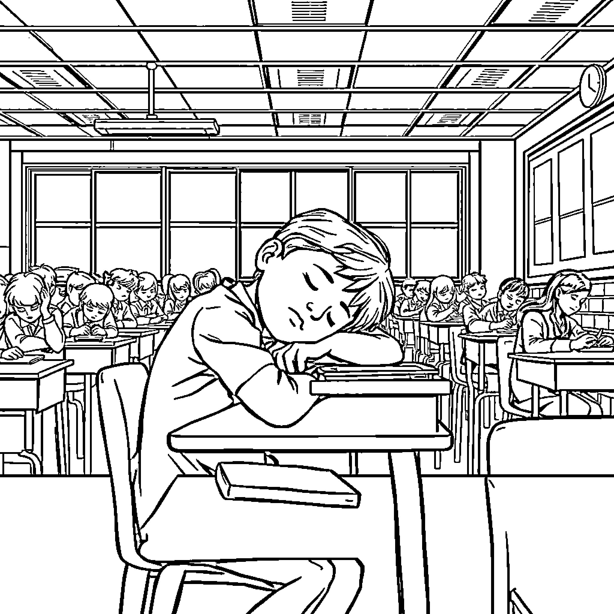 Student resting during school in classroom Coloring Page (free black-and-white line drawing printable PDF for all, from beginners to advanced learners, including children, teens, adults, and seniors)