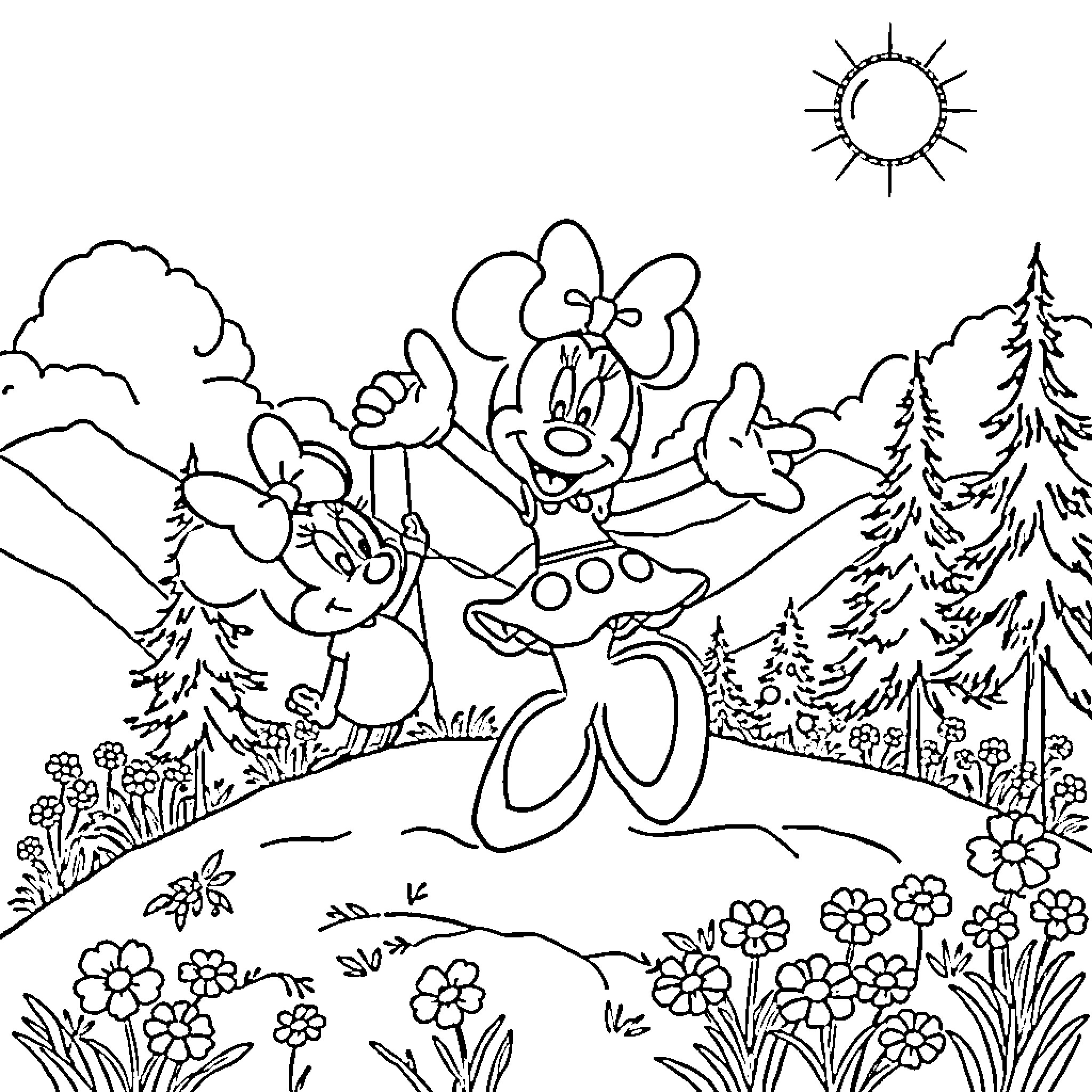 Bluey characters exploring a scenic nature setting Coloring Page (free black-and-white line drawing printable PDF for all, from beginners to advanced learners, including children, teens, adults, and seniors)