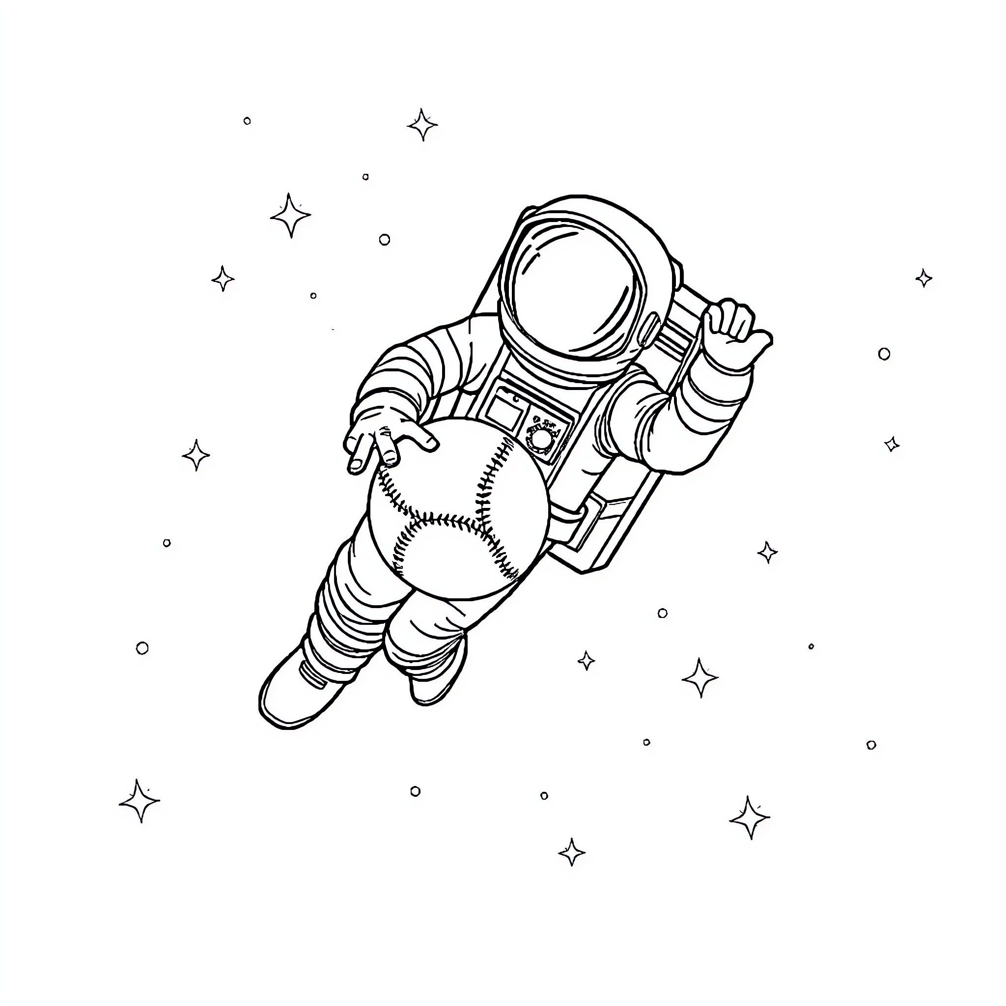 Baseball Player Floating in Space Coloring Page (free black-and-white line drawing printable PDF for all, from beginners to advanced learners, including children, teens, adults, and seniors)