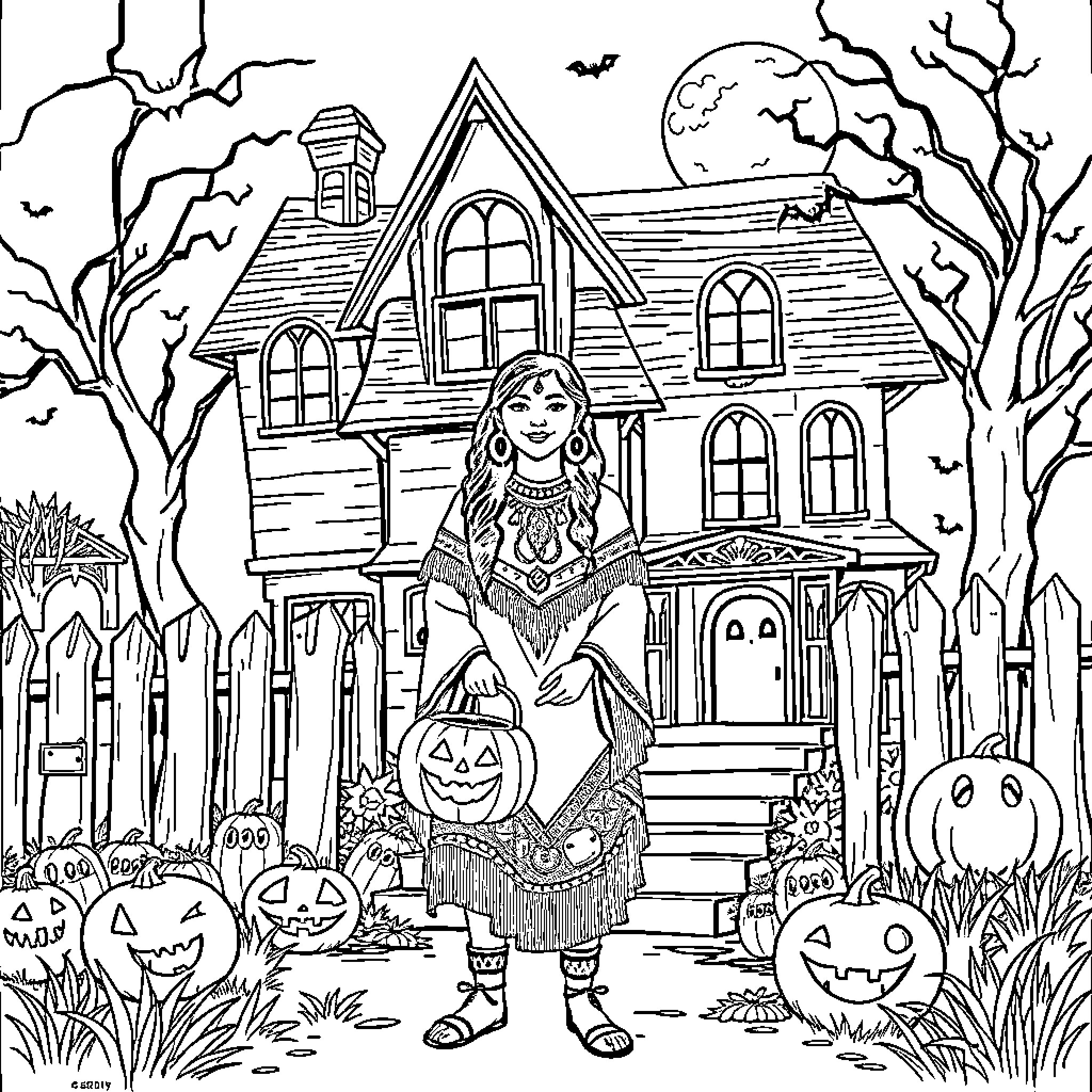 Woman in festive attire at haunted house Coloring Page (free black-and-white line drawing printable PDF for all, from beginners to advanced learners, including children, teens, adults, and seniors)