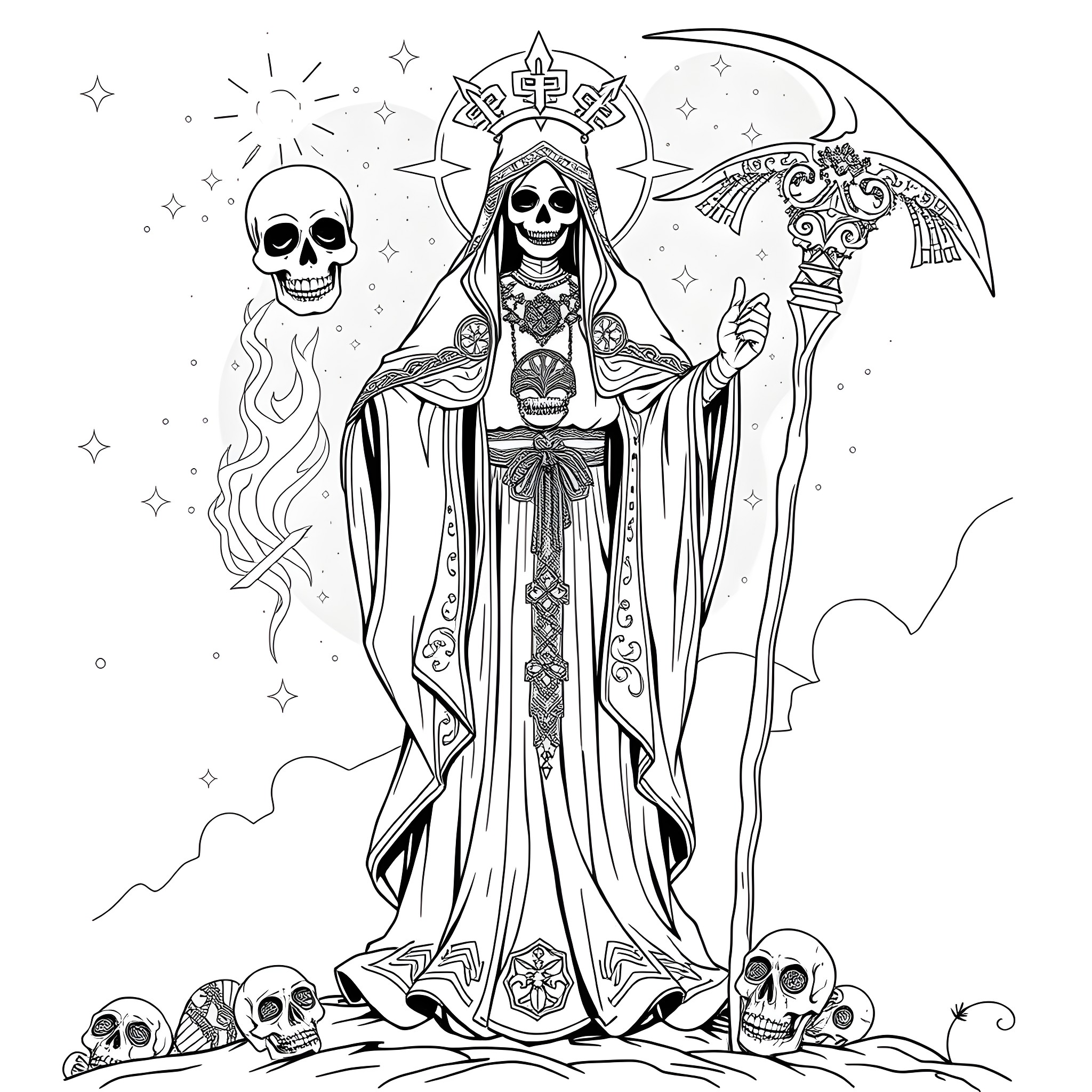 Santa Muerte - Skeletal figure in ornate ceremonial robes Coloring Page (free black-and-white line drawing printable PDF for all, from beginners to advanced learners, including children, teens, adults, and seniors)