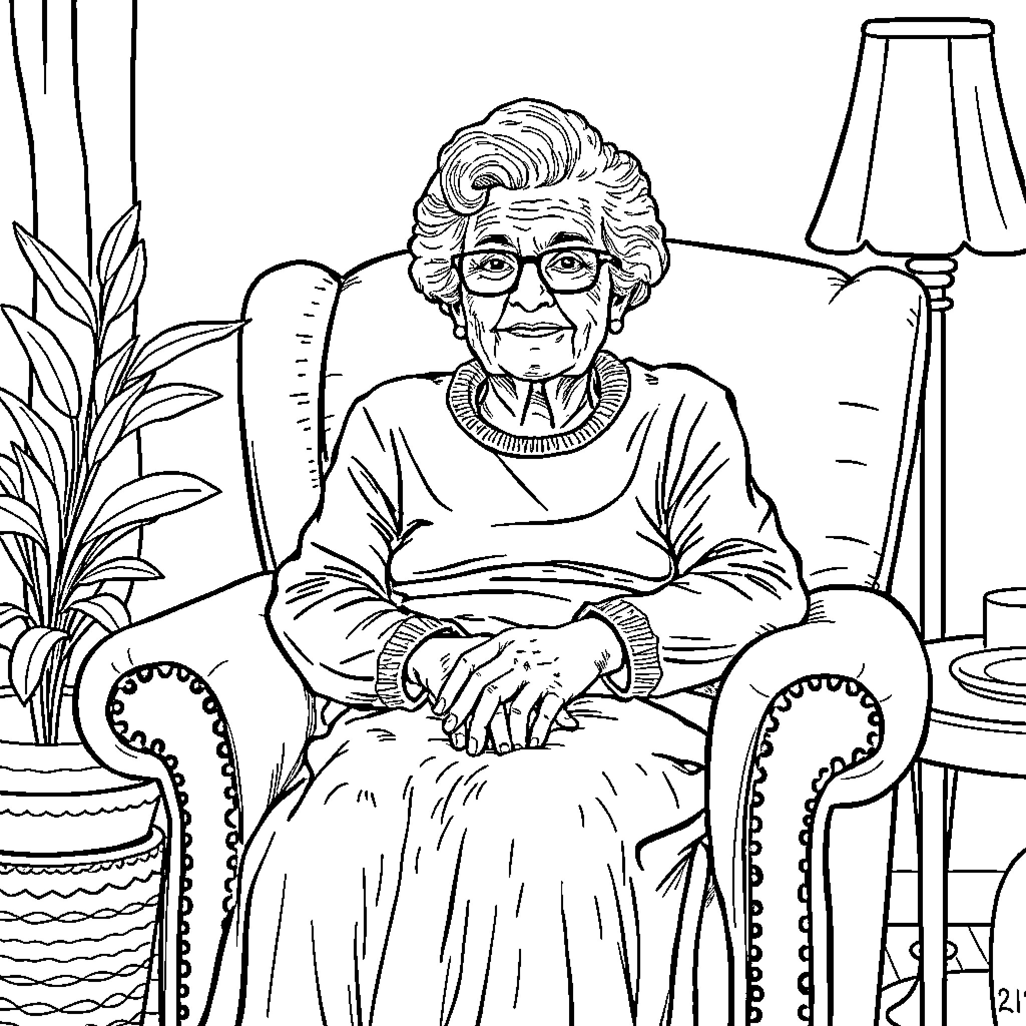 Woman in armchair with plants and lamp Coloring Page (free black-and-white line drawing printable PDF for all, from beginners to advanced learners, including children, teens, adults, and seniors)