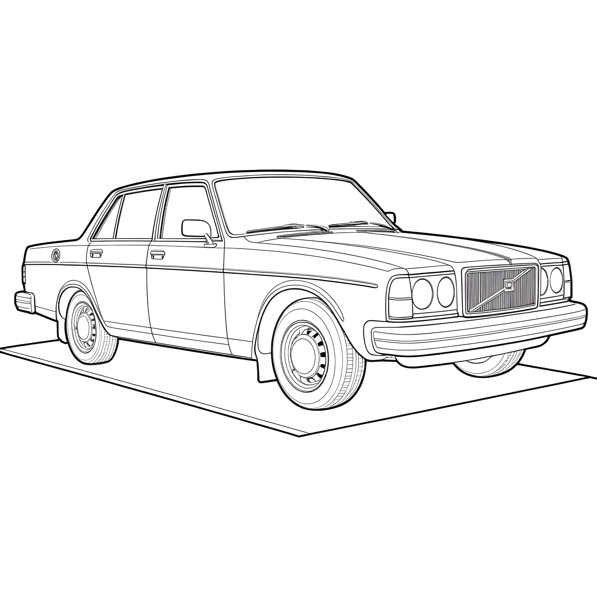 Volvo 240 parked on the ground Coloring Page (free black-and-white line drawing printable PDF for all, from beginners to advanced learners, including children, teens, adults, and seniors)