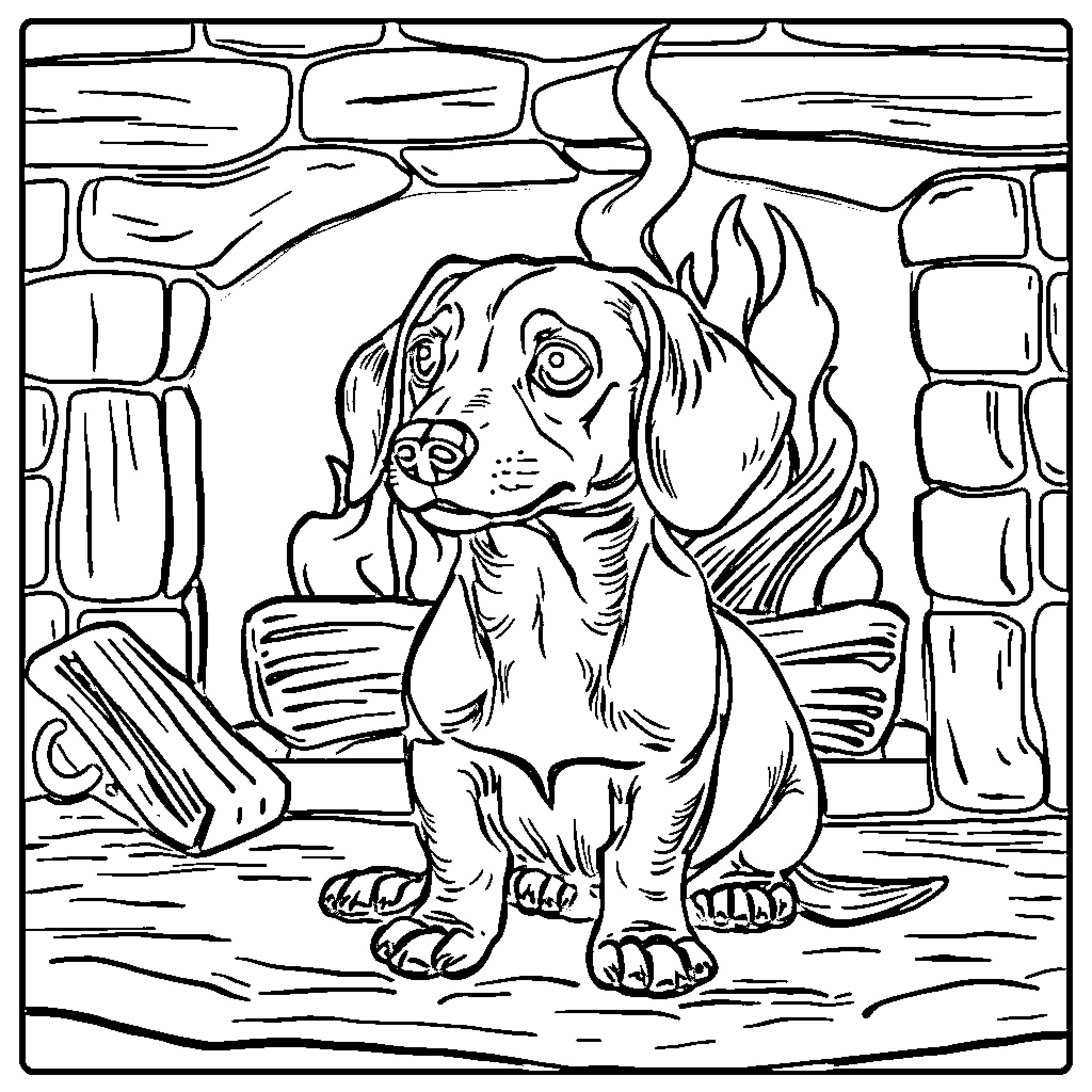 Dachshund sitting by the fireplace Coloring Page (free black-and-white line drawing printable PDF for all, from beginners to advanced learners, including children, teens, adults, and seniors)